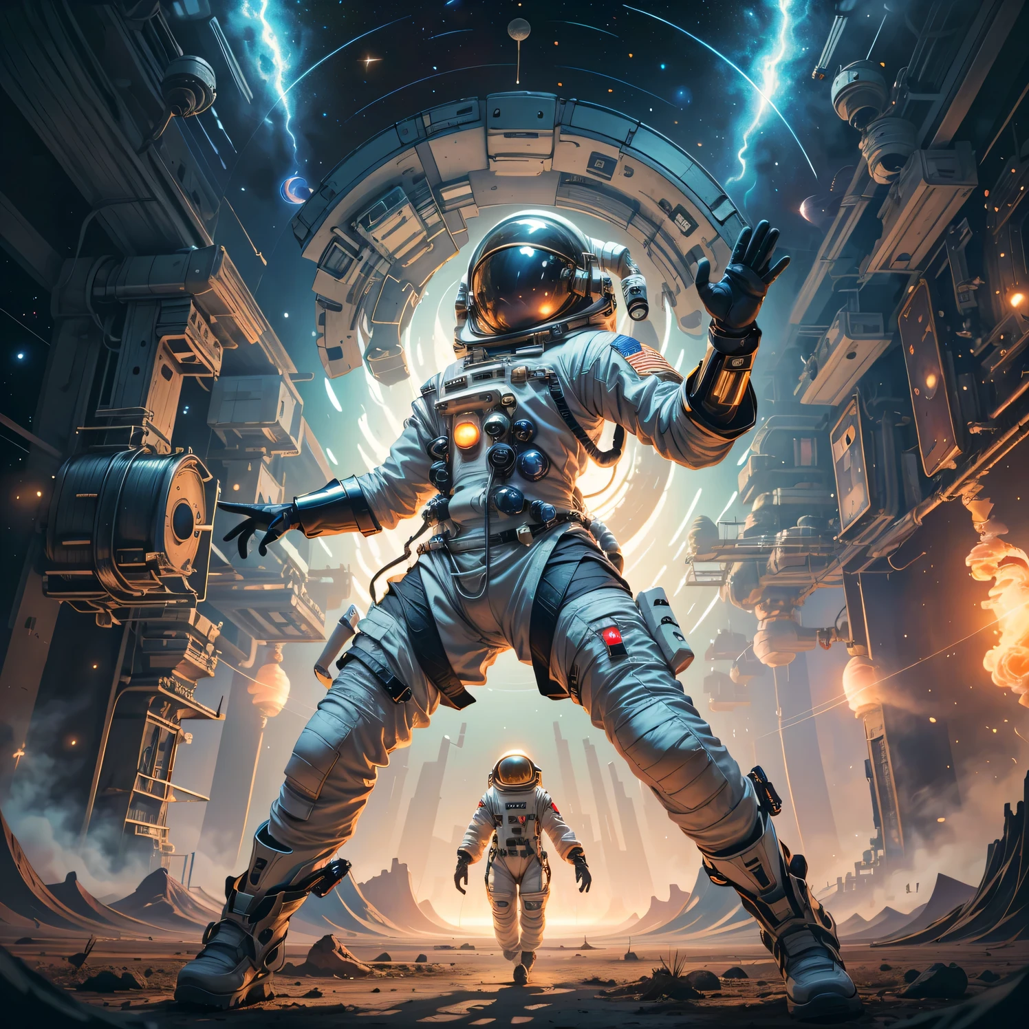 (best quality,4k,8k,highres,masterpiece:1.37),ultra-detailed,(realistic,photorealistic,photo-realistic:1.5),cosmic wanderer, 1woman, psychedelic traveler,oneironaut,astronaut,mecha pilot,mix of sci-fi and fantasy,dynamic composition,nebulae,galactic landscape,giant spaceship with intricate details,wide angle, full body shot,(An astronaut woman floating in a space station:1.6),(dynamic pose:1.6),tianfeng1,(cosmic energy flowing through the body),vibrant colors and surreal atmosphere,PsyAI,dream-like surreal elements,extraterrestrial creatures exploring alongside,interstellar journey through unknown realms,majestic celestial bodies creating a sense of awe,(otherworldly landscapes and architecture),cosmic dust and particles illuminating the scene,sparkling stars and constellations forming intricate patterns,(tianfeng1),(the woman is wearing a futuristic suit with glowing accents),(mechanical elements complementing the organic forms:1.37),rendered with attention to smallest details and textures,(dynamic composition with a sense of movement and energy:1.5),strong sense of depth and three-dimensionality,(moody lighting and dramatic shadows),unique perspectives and unconventional angles,revealing hidden wonders of the cosmos,(immersive and captivating sci-fi atmosphere:1.4),bringing together the wonders of science and the magic of dreams.