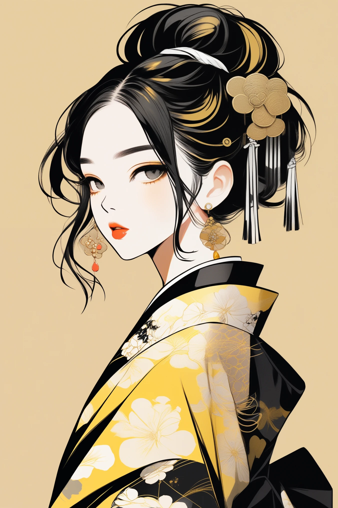 (best quality, sketch:1.2),realistic,illustrator,anime,1 girl, detailed lips, kimono,custom, black and gold gradient background,neon hair,textured cropping, masterpiece, style retro classic, noir style 