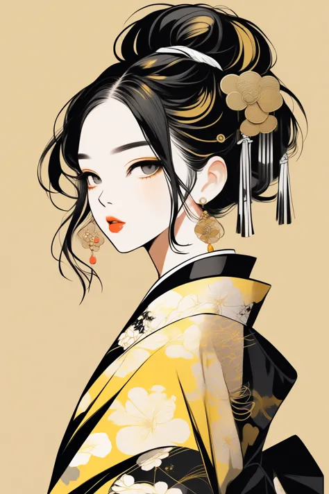 (best quality, sketch:1.2),realistic,illustrator,anime,1 girl, detailed lips, kimono,custom, black and gold gradient background,...