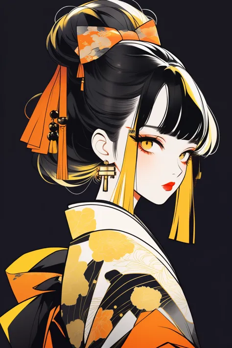 (best quality, sketch:1.2),realistic,illustrator,anime,1 girl, detailed lips, kimono,custom, black and gold gradient background,...
