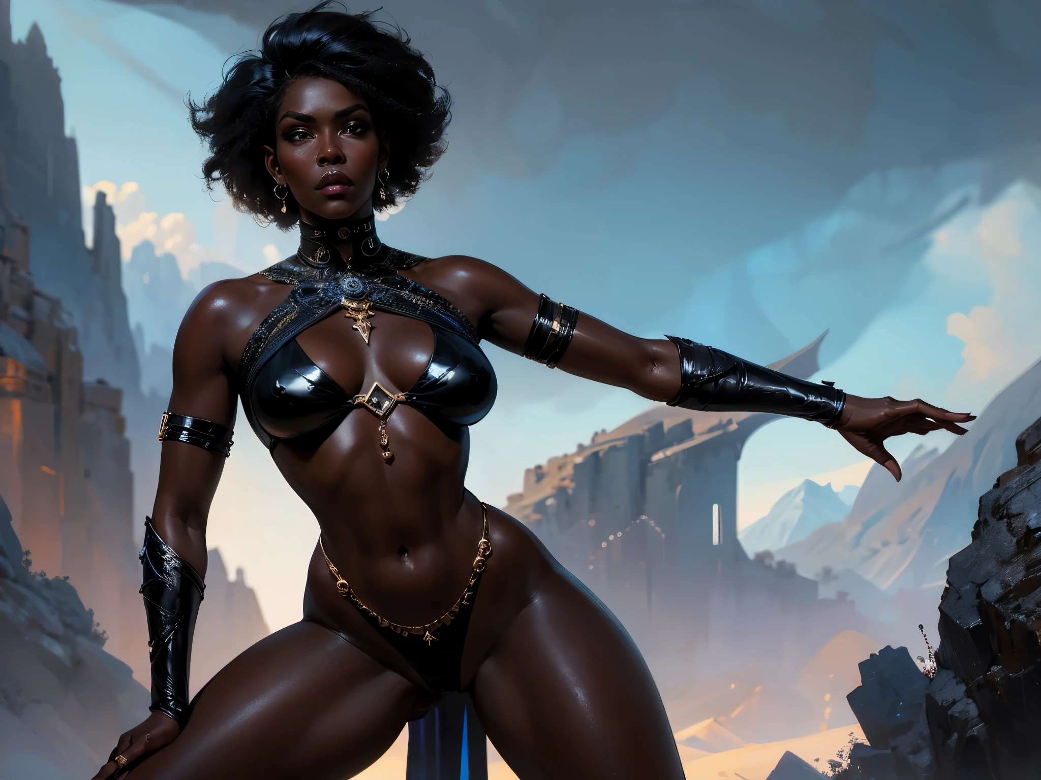 looking back,  A feisty mature ebony woman in action, high definition digital art, painting style, eternal fantasy digital art.
perfect facial proportions, perfect nose perfect lips perfect face, With bare breasts, in thong full body beautiful and very sexy holding a futuristic sword in her hand,
Perfect curved legs in fighting pose with futuristic and fantasy armor on the legs,  in simple background