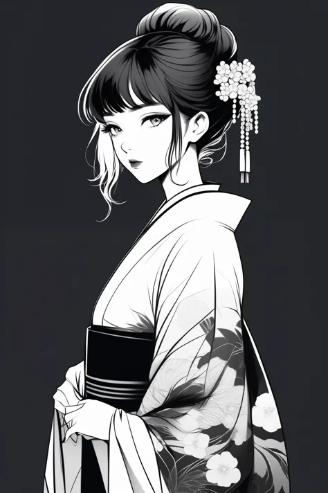 (best quality, sketch:1.2),realistic,illustrator,anime,1 girl, detailed lips, kimono,custom, black and white gradient background...