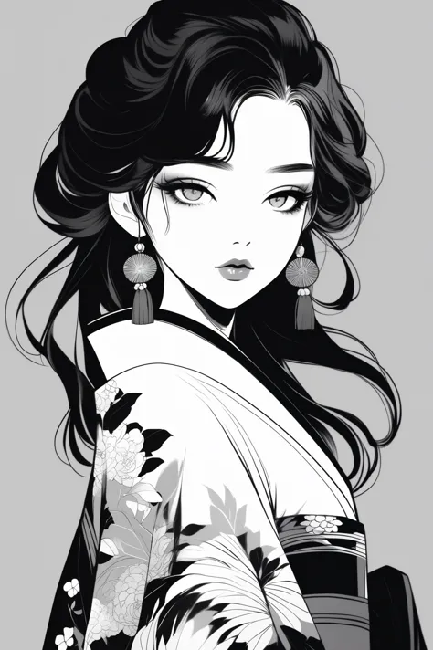 (best quality, sketch:1.2),realistic,illustrator,anime,1 girl, detailed lips, kimono,custom, black and white gradient background...
