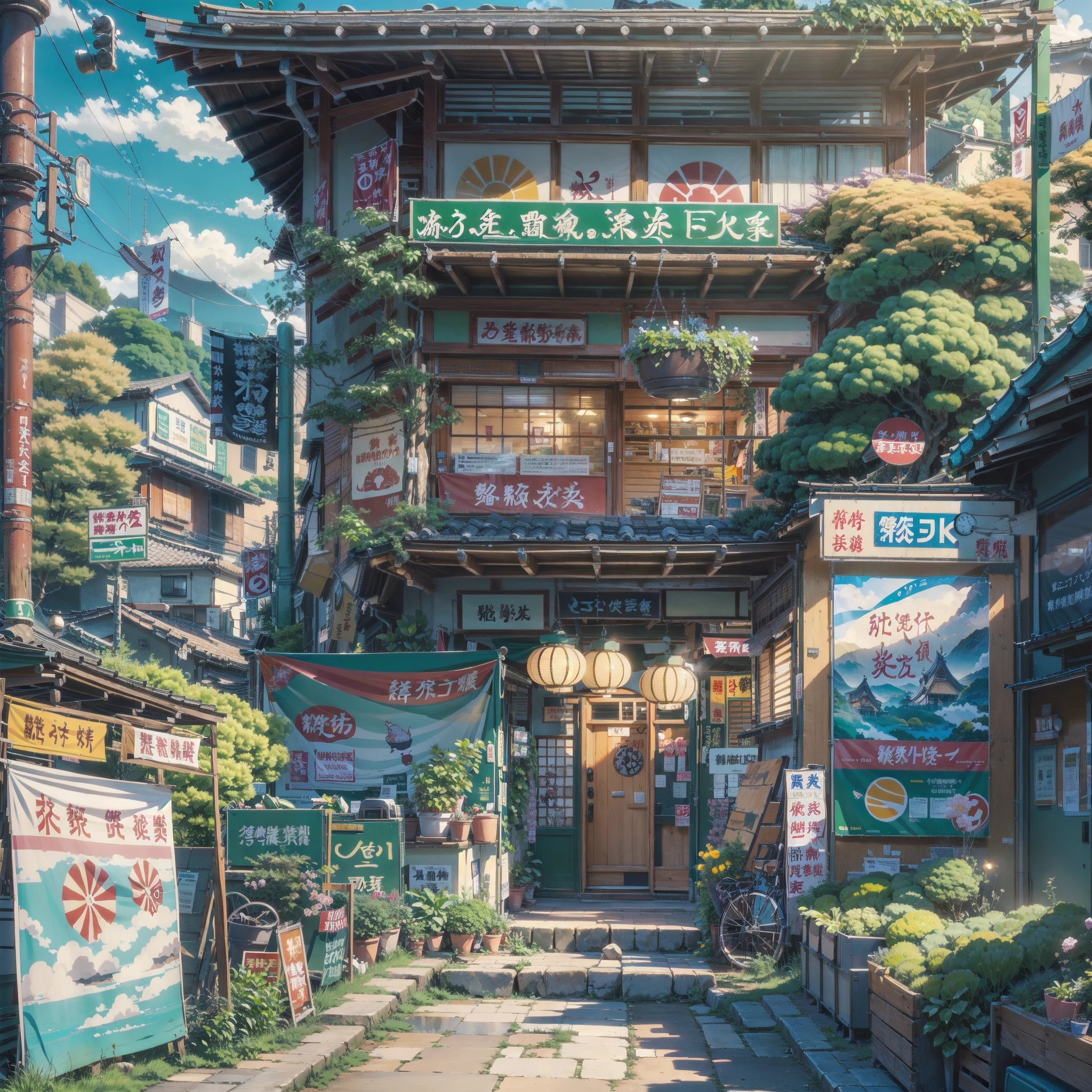 there is a retro japanese shop on the side of a path by itself, japanese banners and signs on the shop, vibrant, morning, bright-blue sky, dramatic weather, anime scenery, japanese town, beautiful anime scenery, beautiful anime scene, japanese neighborhood, anime background art, japanese street, anime landscape, japanese village, anime landscape, japanese city, anime nature, anime beautiful peace scene, tokyo - esque town, anime scenery concept art, detailed scenery
