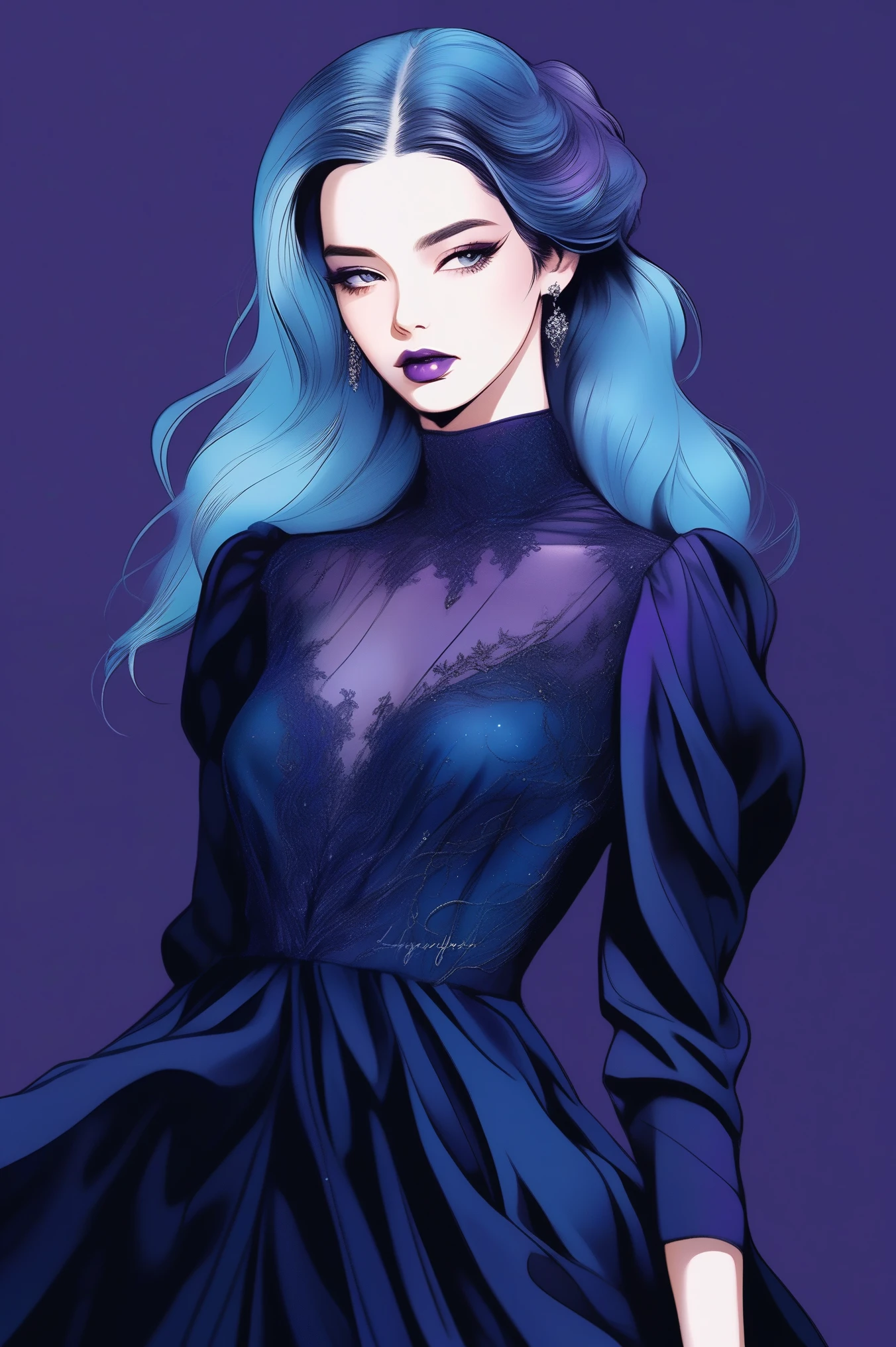 (best quality, sketch:1.2),realistic,illustrator,anime,1 girl, detailed lips,custom, bad women, details, black and  aquamarine gradient background,neon hair,textured cropping, masterpiece, style retro classic, [a close up of women dummy, sexy dress, silk dress, mercury dress, astral dress, beautiful silky dress, sexy gown, dark dress, dark purple garments, revealing stylish dress, dark astral dress, soft silk dress, elegant dark blue dress, stylish dark dress, airbrush dark dress, fantasy dress, baroque dress, extravagant dress]