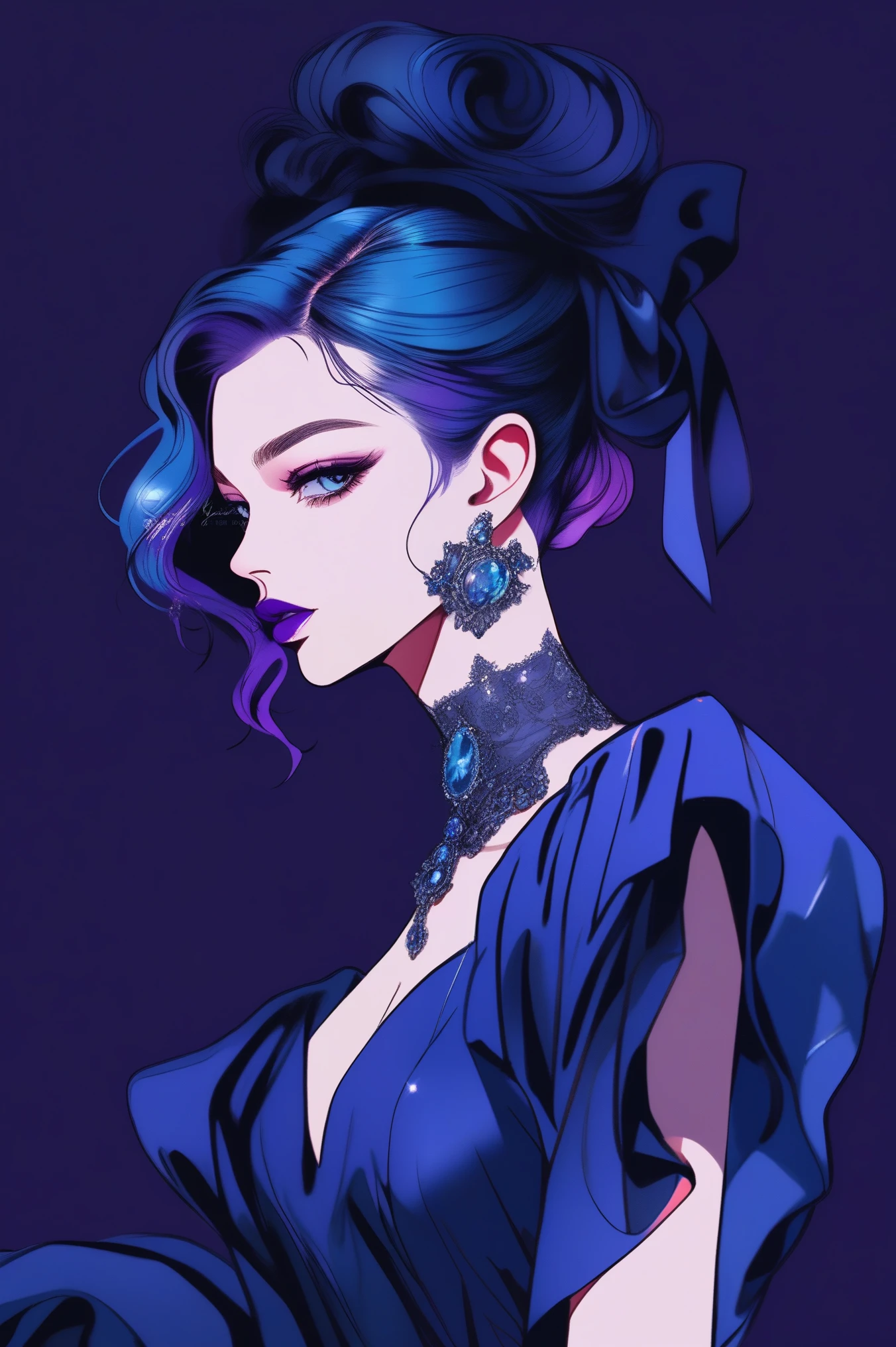 (best quality, sketch:1.2),realistic,illustrator,anime,1 girl, detailed lips,custom, bad women, details, black and  aquamarine gradient background,neon hair,textured cropping, masterpiece, style retro classic, [a close up of women dummy, sexy dress, silk dress, mercury dress, astral dress, beautiful silky dress, sexy gown, dark dress, dark purple garments, revealing stylish dress, dark astral dress, soft silk dress, elegant dark blue dress, stylish dark dress, airbrush dark dress, fantasy dress, baroque dress, extravagant dress] (photo portrait)