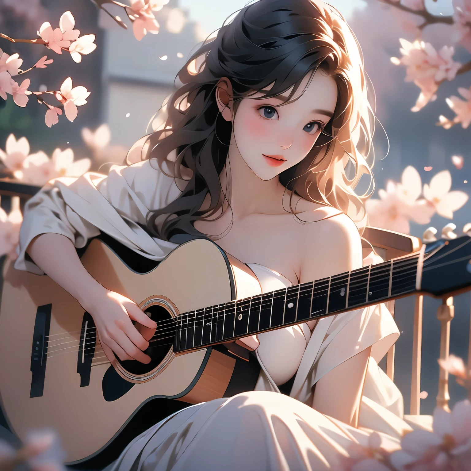 Anime girl with guitar in a white dress sitting on a bench - SeaArt AI