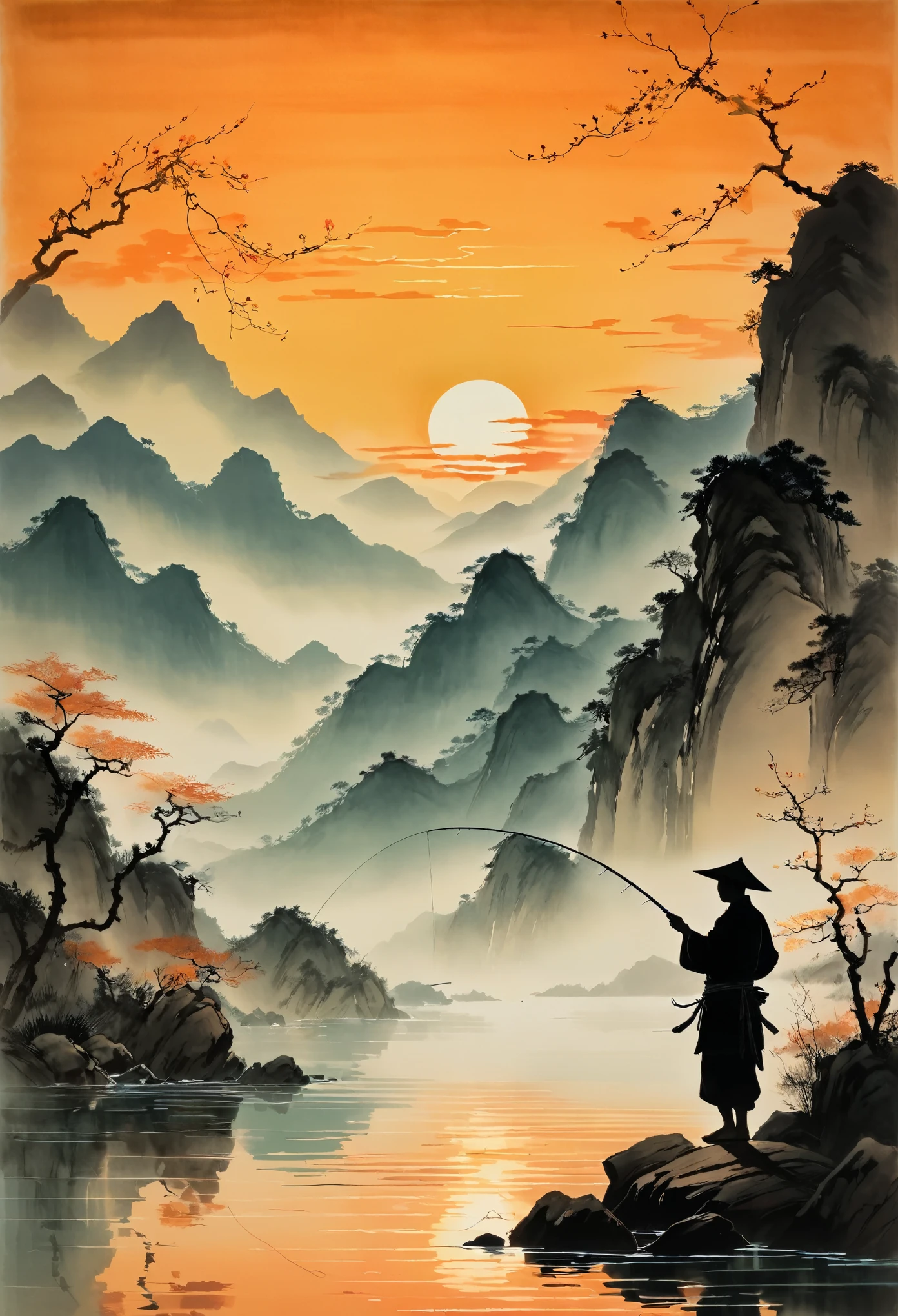 일몰 때 물 속으로 낚싯줄을 던지는 낚시꾼의 실루엣, 배경에는 산이 있고 오렌지색을 반사하는 잔잔한 바다가 있습니다.. 이 장면은 중국 예술가 Zhang Daqian의 스타일로 묘사됩니다.. 