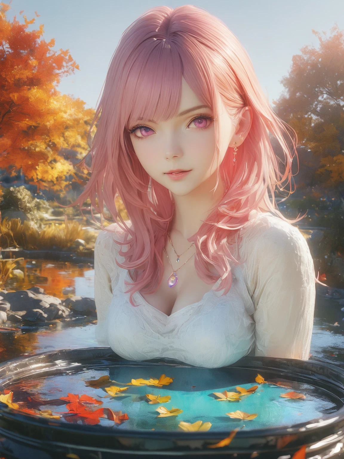 diy16，Highest quality, ultra-high definition, masterpieces, 8k, realistic, anime styled, 3d render，(Evening Pond:1.2), (8k, best quality, masterpiece:1.2), (ultra highres:1.0), extremely luminous bright design, pastel colors, (ink:1.3), autumn lights, High Detail, dramatic, photorealistic painting art
