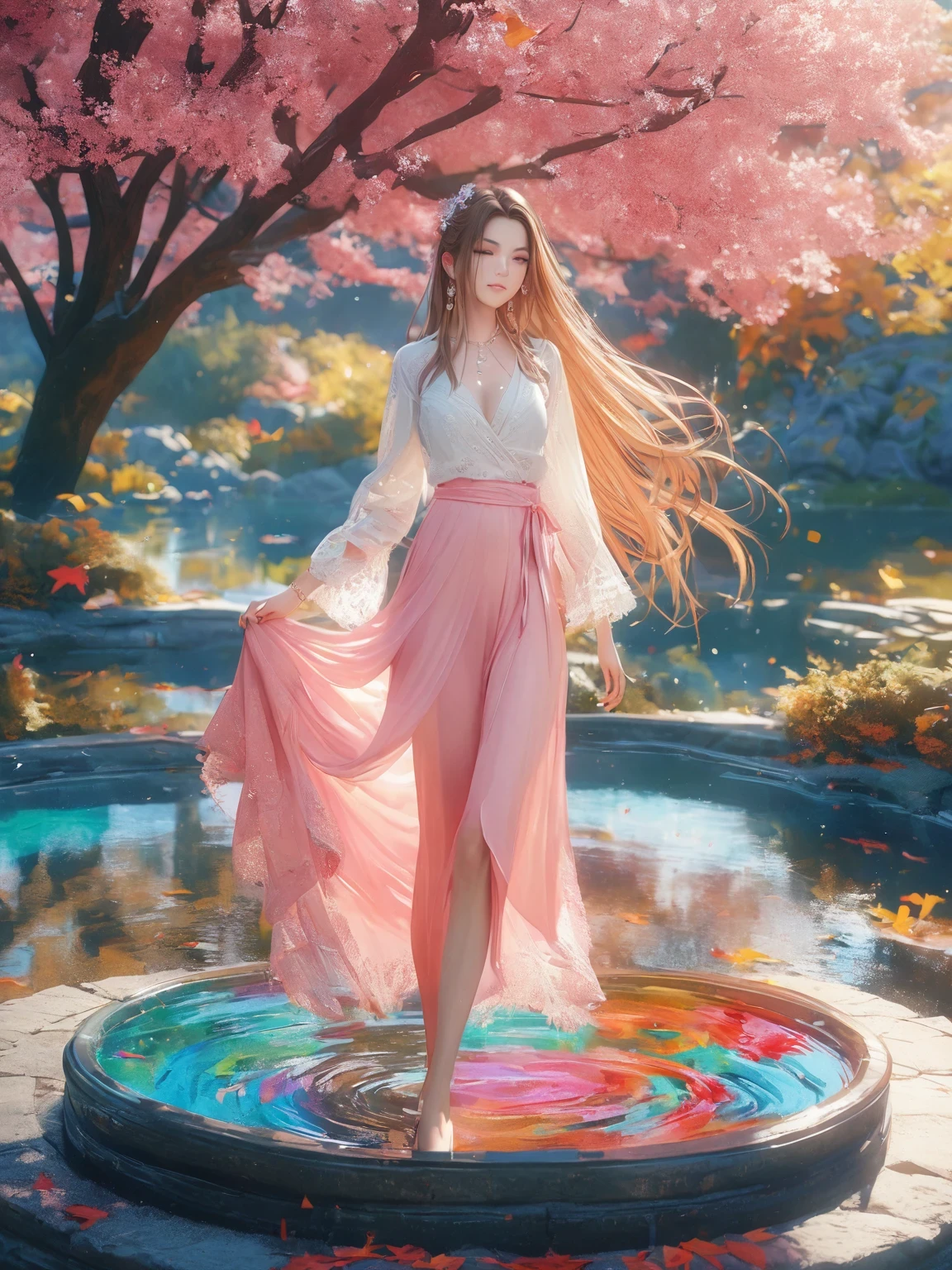 diy5，Highest quality, ultra-high definition, masterpieces, 8k, realistic, anime styled, 3d render，(Evening Pond:1.2), (8k, best quality, masterpiece:1.2), (ultra highres:1.0), extremely luminous bright design, pastel colors, (ink:1.3), autumn lights, High Detail, dramatic, photorealistic painting art
