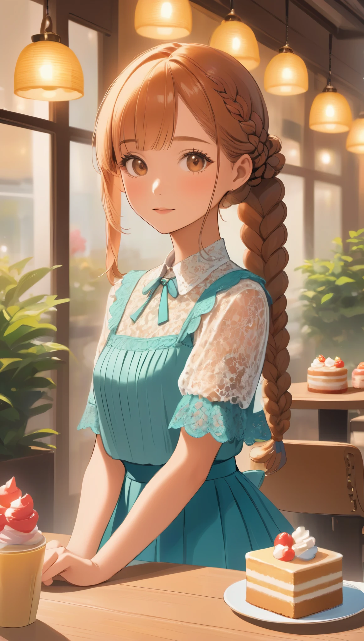 highest quality、High resolution、detailed background、beautiful face、beautiful and smooth skin、skin texture、cuteteenage girl、realistic、perfect body line、braided ponytail、cute hairstyle、Calm atmosphere、happy look、Upper body、Tea time at the cafe、(Enjoy cakes and sweets while chatting at a cute cafe:1.5)、Choose white or pastel colors for lace tops and flared skirts..、sandals or heels、If lace tops are transparent, You can wear it elegantly by layering it with an inner camisole...、Choose a lace blouse in a soft color and add feminine movement with a pleated skirt.Adding lace to the sleeves and collar of the blouse makes it even more cute.、Choose a colorful lace camisole、Add elegance with a midi skirt。、cute、master piece:1.5、
