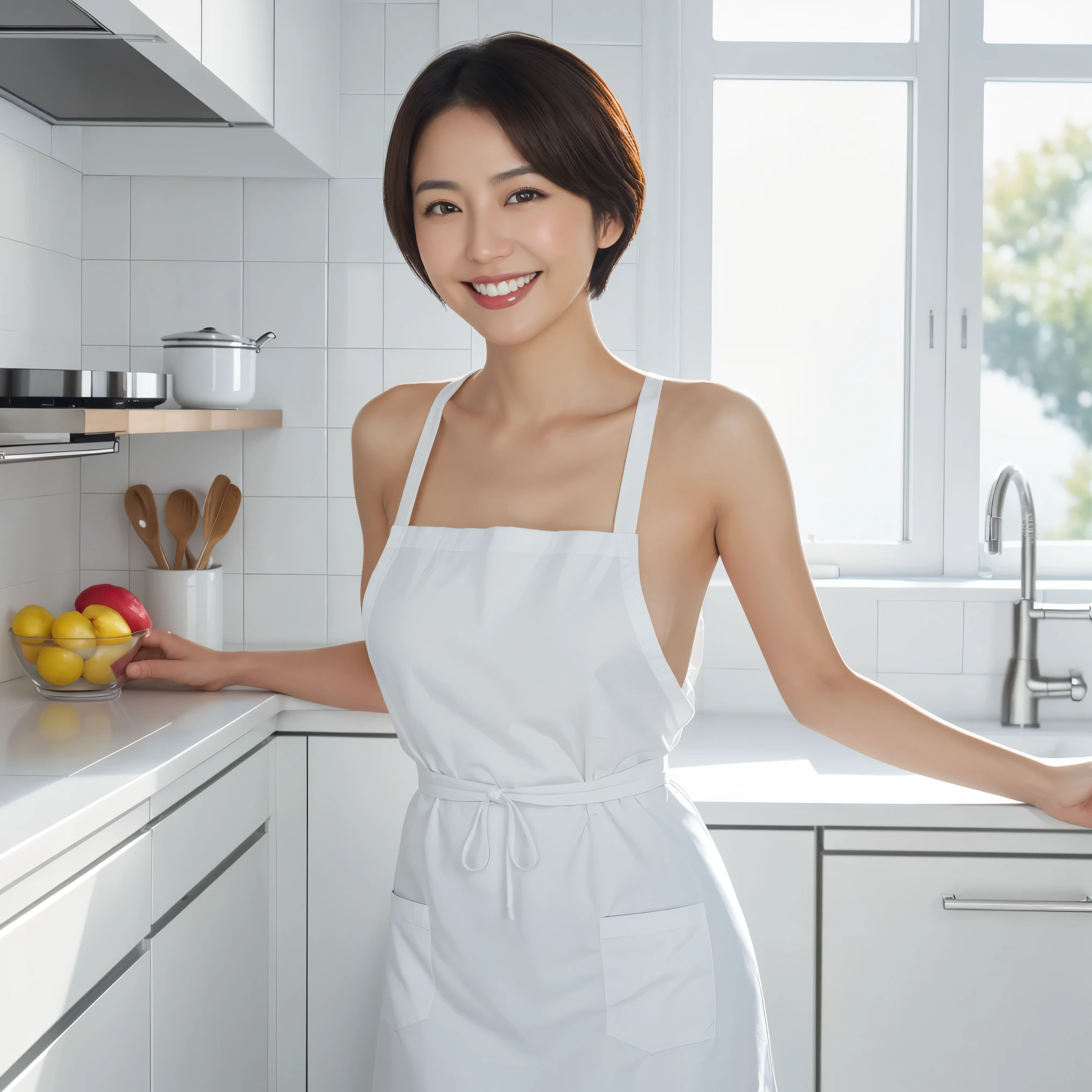 Arafed woman in white apron standing in kitchen with fruit - SeaArt AI