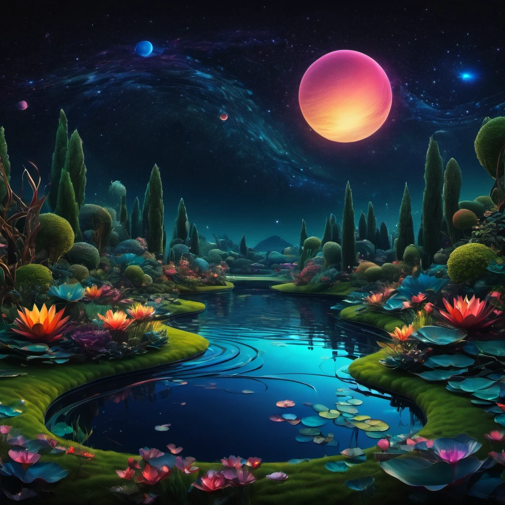 (best quality, highres, ultra sharp), magical Evening Pond, about the curvature of space time, art decostyle , full colored, 3d crunch, dark tones,