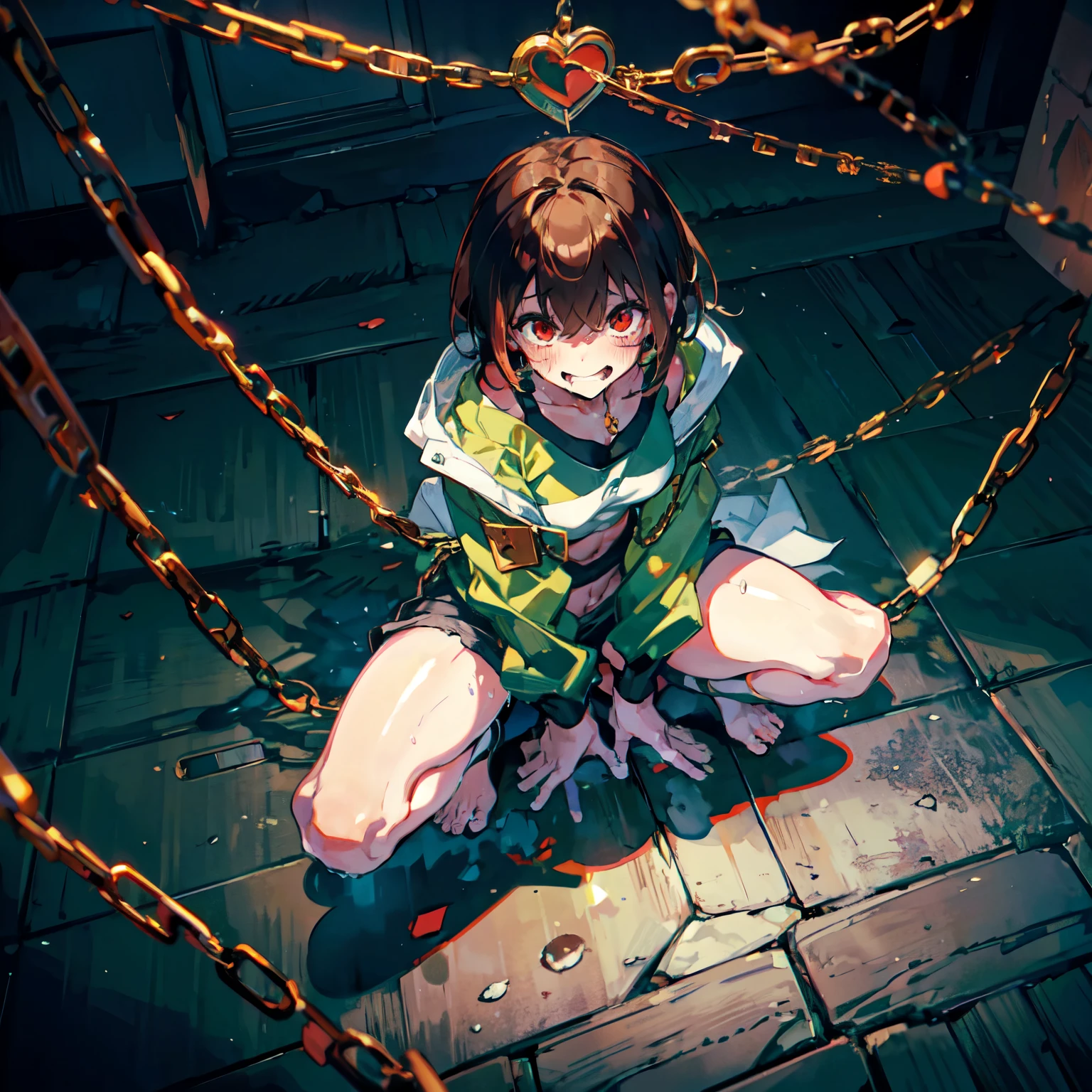 Anime，In a cage，whole body，happy smile, Sticking out  tongue，Binding band，handcuffs，Hands bound by handcuffs from above，Sweating profusely, wet clothes，Limb restraint，Large chest，Bound，Chara ，canon ，fanon ，green striped sweater ，shorts ，red eyes ，brown hair ，short hair ，barefoot， Green thong ，blush ，locket ，scoop neck，Leg rings, ankle shackles, chains，collared ，saliva，squatting，spread legs apartwhite jacket，Collar，Opening on the clothes，show back muscles，Showcasing abdominal ，Sexy muscles，Muscles, abdominal muscles，toes，Floor tiles，Iron chains