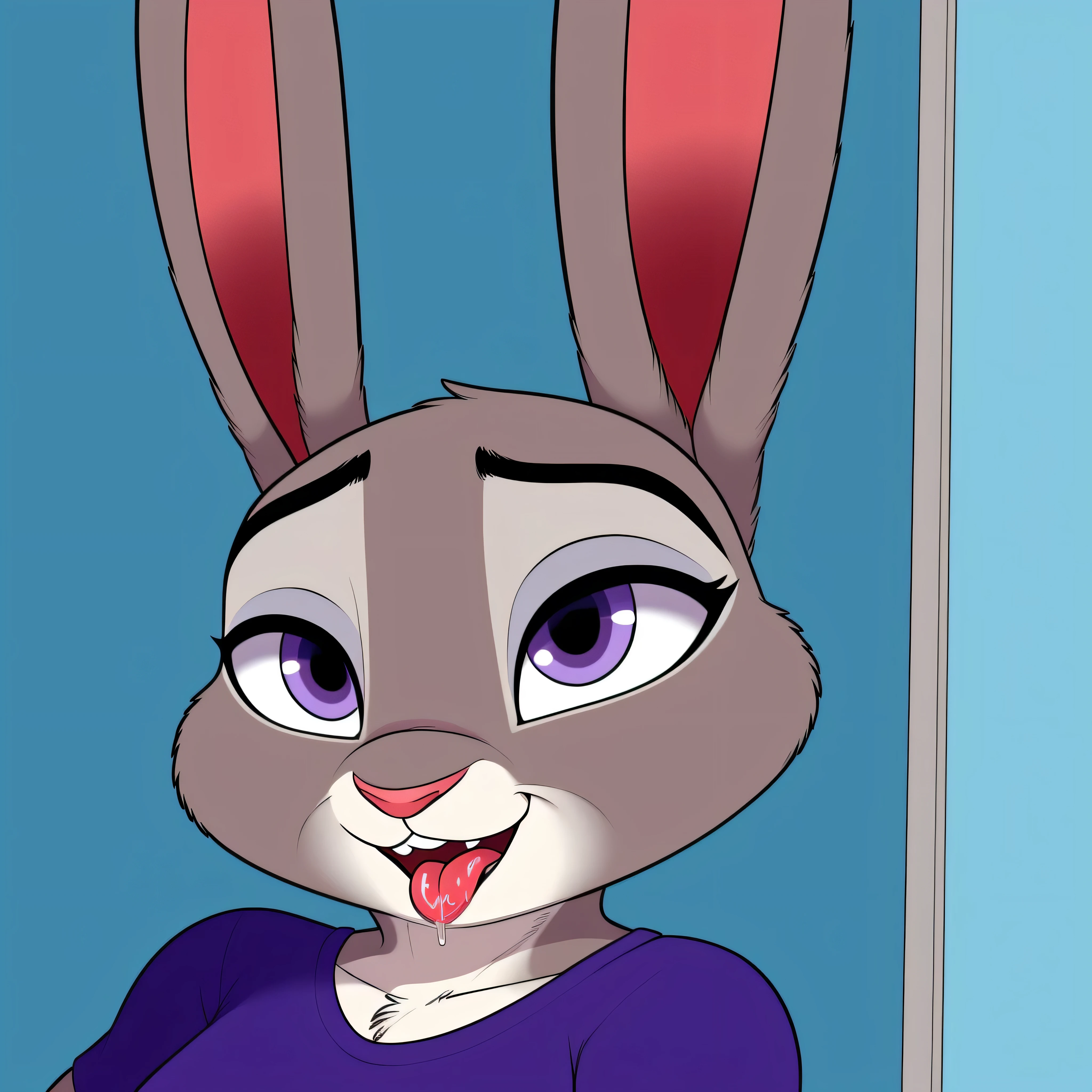 Cartoon rabbit with purple eyes and a blue shirt - SeaArt AI