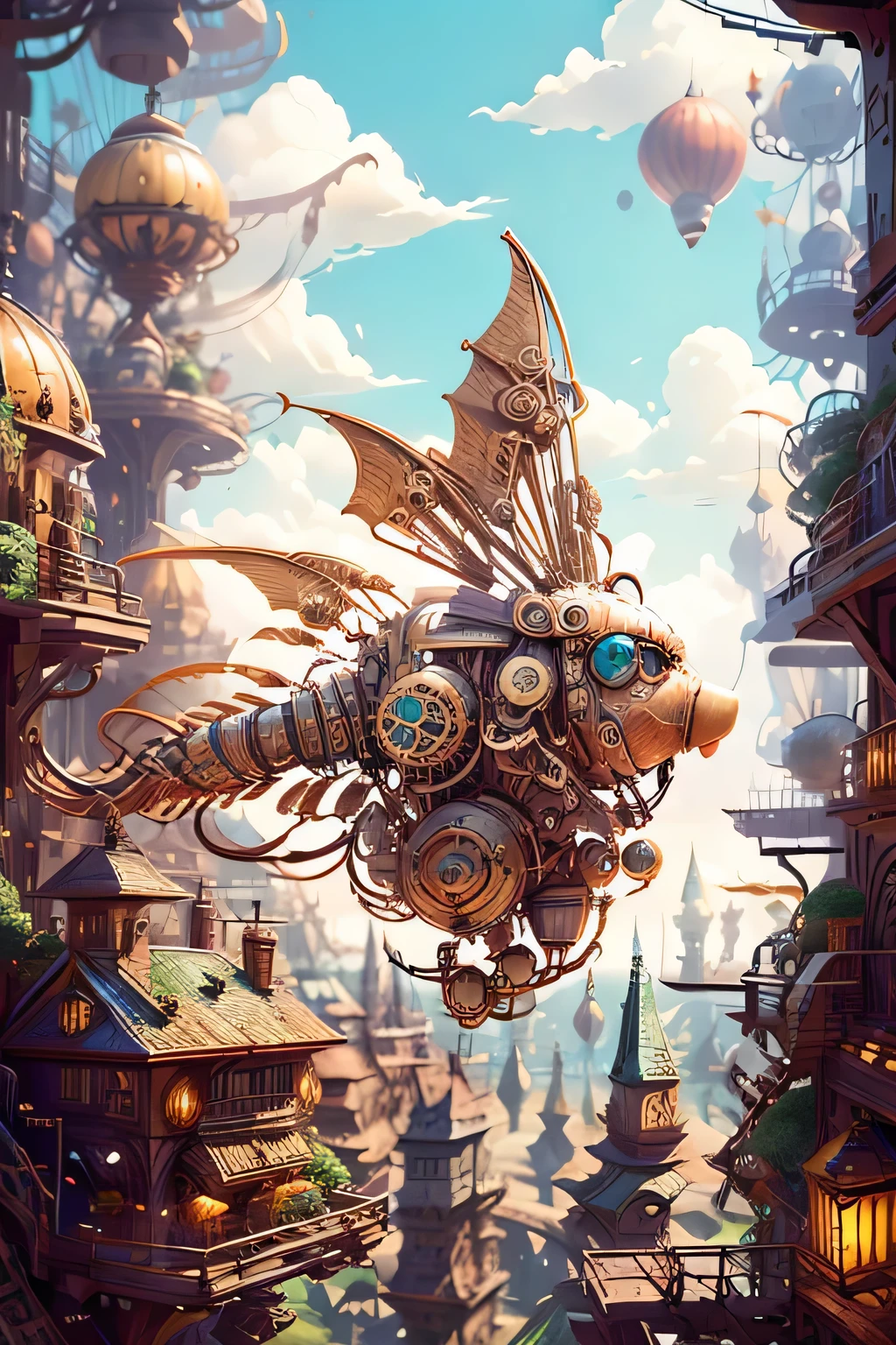 masterpiece, ultra-detailed, best quality, floating city, cog, air balloon,