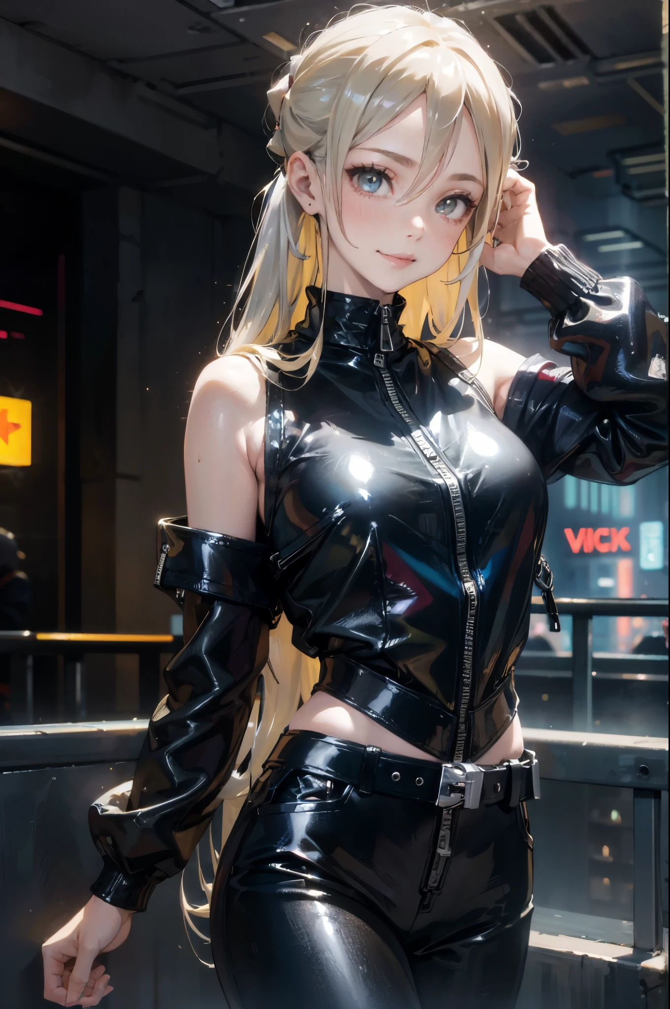 Lolita, Smile, 20 years old, ((best quality)), ((masterpiece)), (HD:1.3), 3d, fair (cyberpunk:1.3), Stylish woman in black leather jacket looking at camera, sleeveless, Awkward, Invisible waist skin, Blue and black leather pants, silver zipper,belt below waist,Super exquisite illustrations,blond , Forehead exposed, Silver center zip, Leather blue and black jumpsuit, Sleeves blue black, shining, blonde ponytail