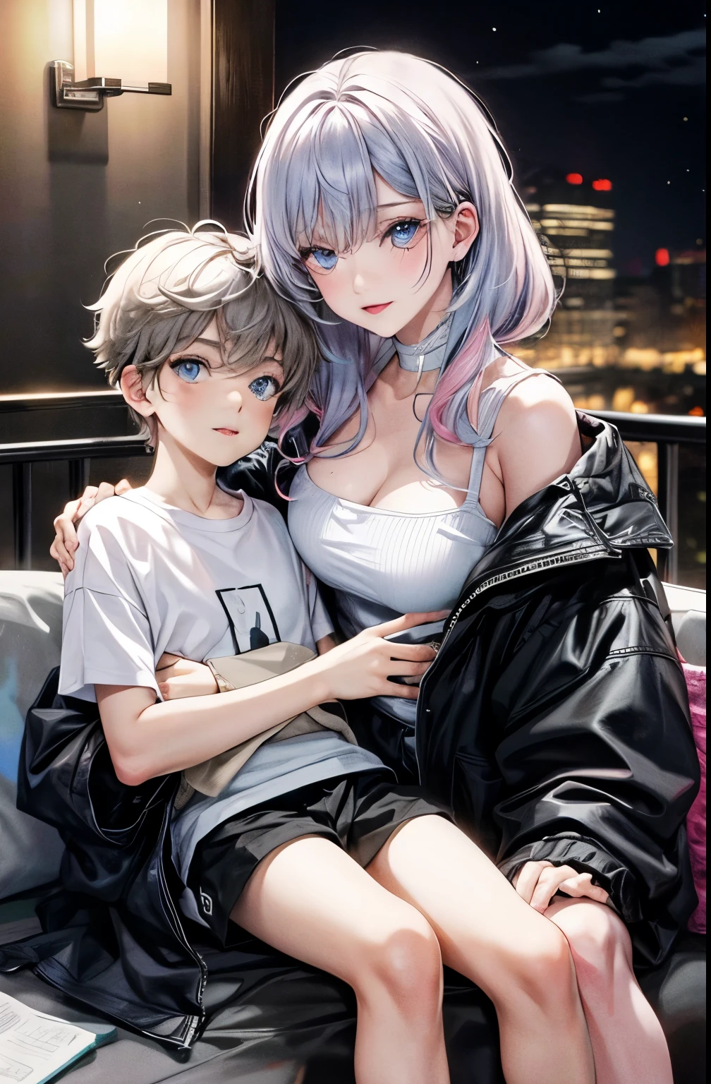 Anime couple sitting on a bed with a city in the background - SeaArt AI