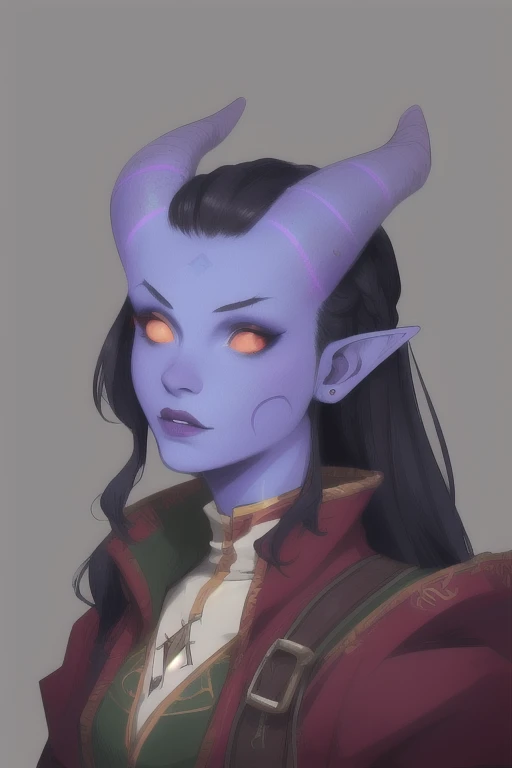 iefling, (colored eyes, colored sclera, colored skin, colored hair, pointed ears, pointed horns, tail), looks like a demon, fantasy clothing, solo focus