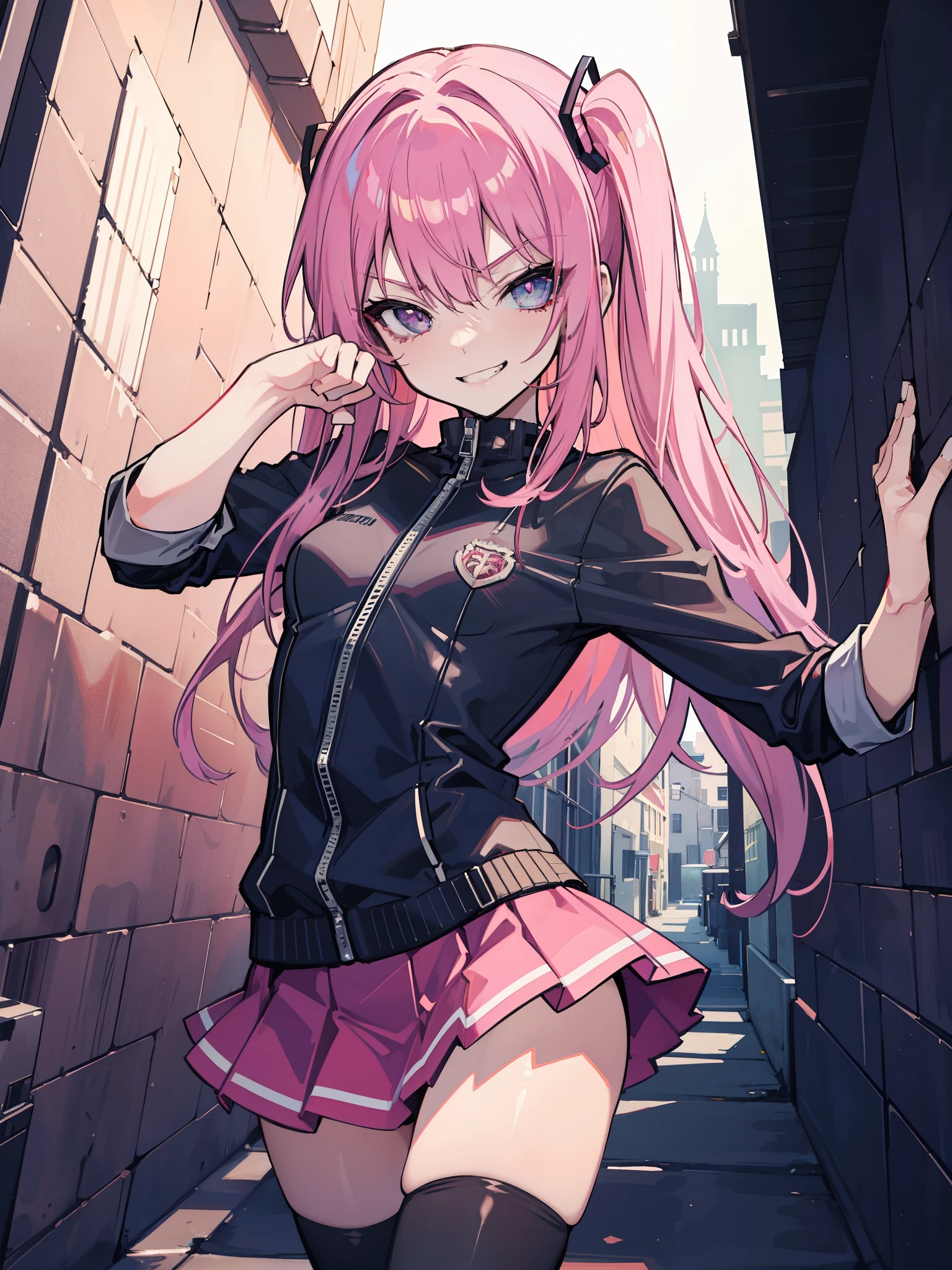 Anime girl with pink hair and black jacket walking down a narrow alley -  SeaArt AI