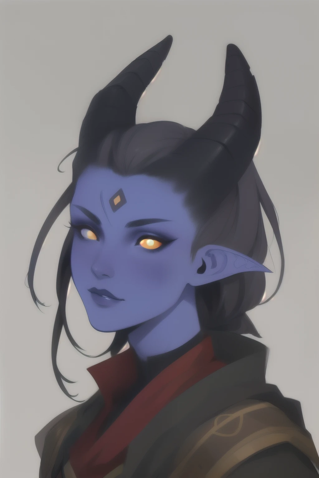 iefling, (colored eyes, colored sclera, colored skin, colored hair, pointed ears, pointed horns, tail), looks like a demon, fantasy clothing, solo focus