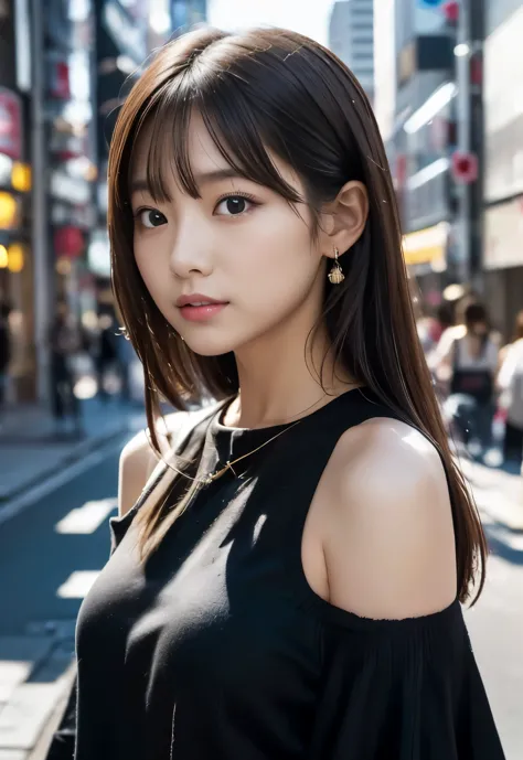 (((City:1.3, drumer,outdoor, Photographed from the front))), ((long hair:1.3, black off shoulder blouse,japanese woman, cute)), ...