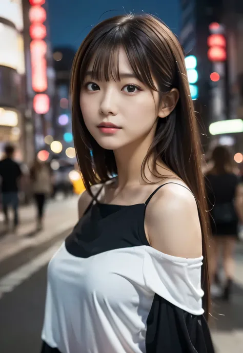 (((City:1.3, drumer,outdoor, Photographed from the front))), ((long hair:1.3, black off shoulder blouse,japanese woman, cute)), ...