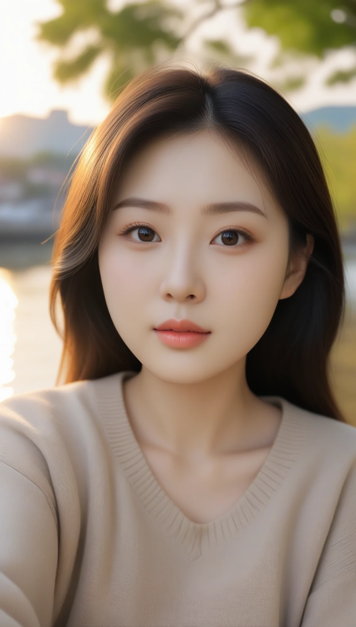 Close-up shot of beautiful korean female, 34 inch breasts size, hime cut, making puffy cheeks, brown sweater, sitting under the tree, riverside view, selfie , sunset light, UHD