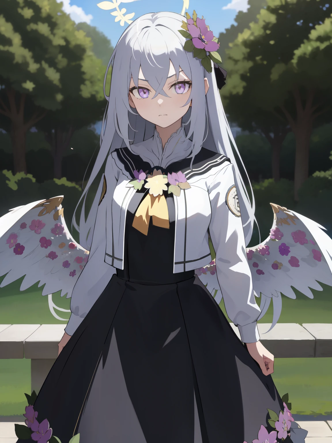 Anime girl with long hair and angel wings standing on a bench - SeaArt AI