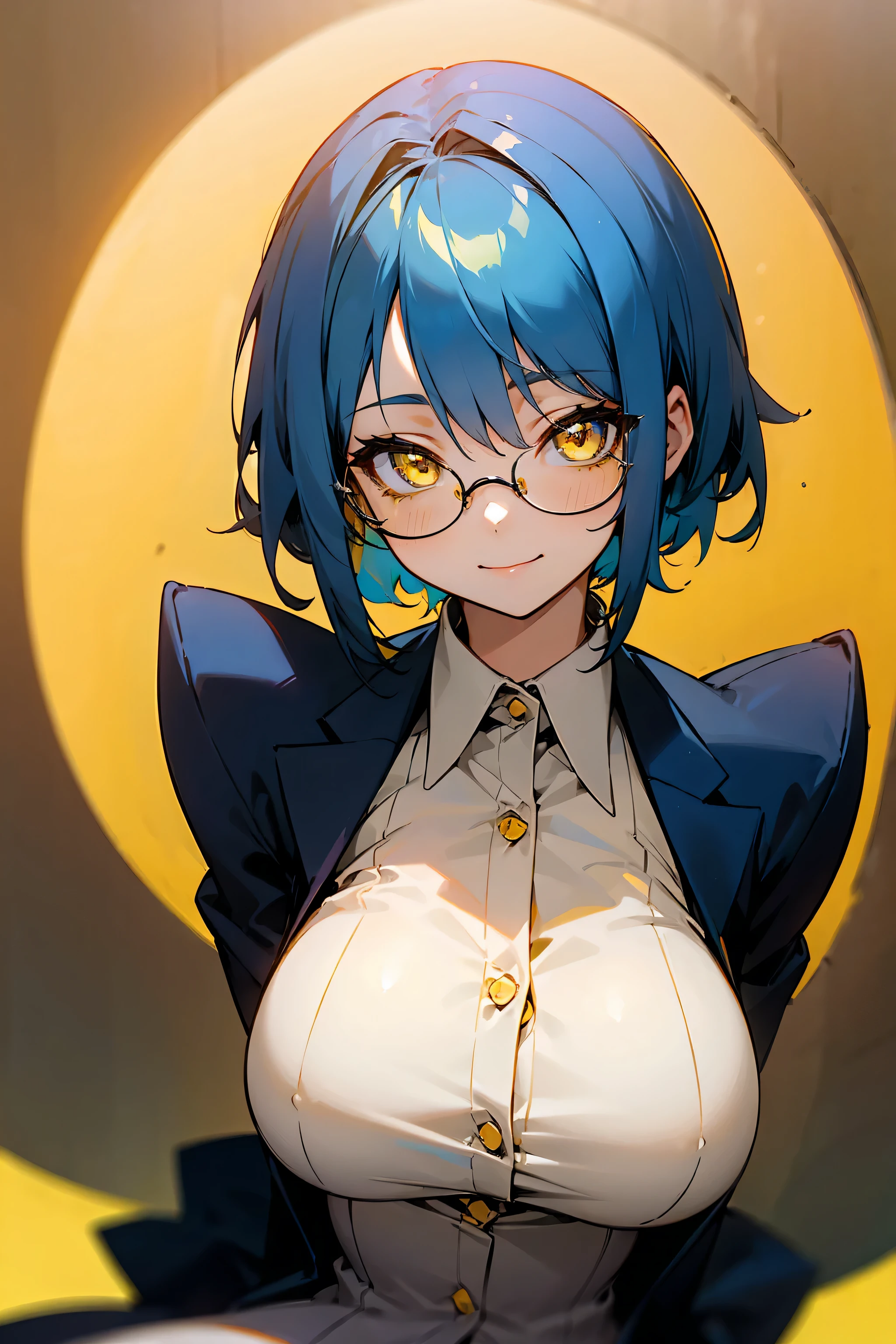 (((1 girl))), ((detailed yellow eyes)), ((short blue hair)), mischievous smile, large breasts, business suit, glasses, best quality, masterpiece, ultra-detailed 