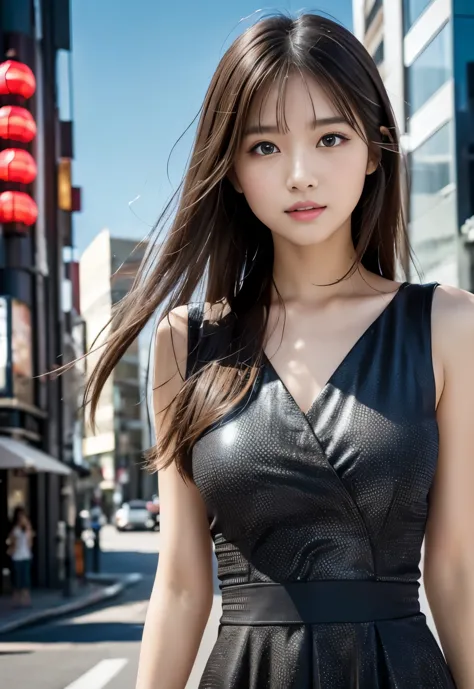 (((City:1.3,outdoor, Photographed from the front))), ((long hair:1.3, black dress,Dot pattern,japanese woman, cute)), (clean, na...