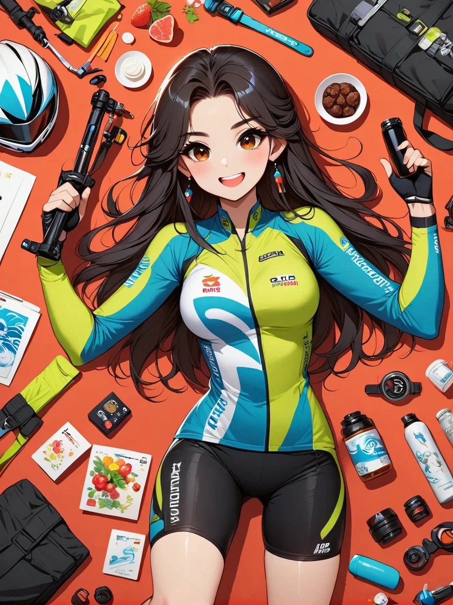 Asian face young girl, laughing expressin, Perfect body, road bike clothing, gear and accessories, knolling layout organized on a table, person,knolling, Cartoon, pure red background