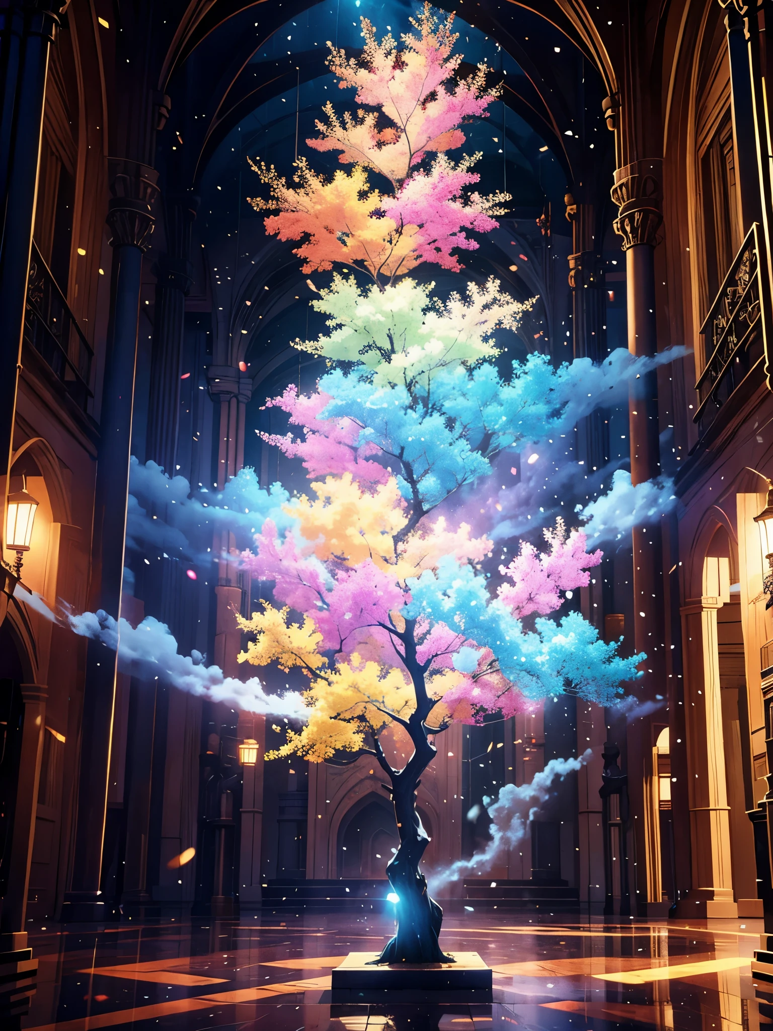 dreamlikeart tree live, colored smoke, insane details, steampunk details, details Intricate, hyperdetailed,