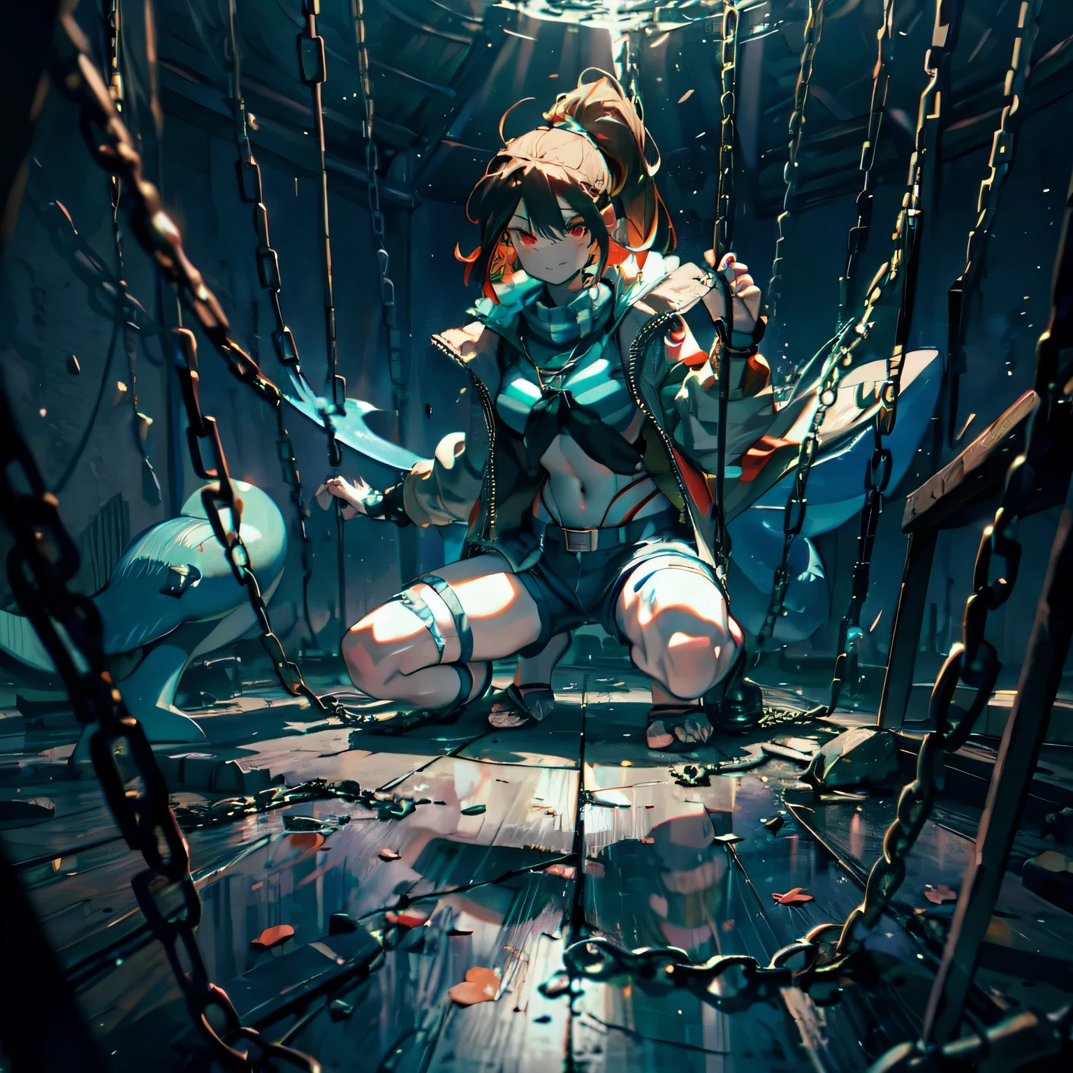 undyne，dirty ponds, mycelium, stains, suspicious mushrooms，Anime，In a cage，full body，happy smile, binding band，handcuffs，hands bound by handcuffs from above，weating profusely, limb restraint，large breasts，bound，Blue skin, shark teeth，canon ，fanon ，green striped sweater ，shorts ，red eyes ，brown hair ，short hair ，barefoot， green thong ，blush ，locket ，scoop neck，Leg rings, ankle shackles, chains，collared ，saliva，squatting，The thighs and calves are tied together by the same belt，spread legs apartwhite jacket，collar，opening on the clothes，chest opening，Show muscles and abdominal muscles ，sexy muscles，muscles, abdominal muscles，toes，floor tiles，Iron chains，Seduction