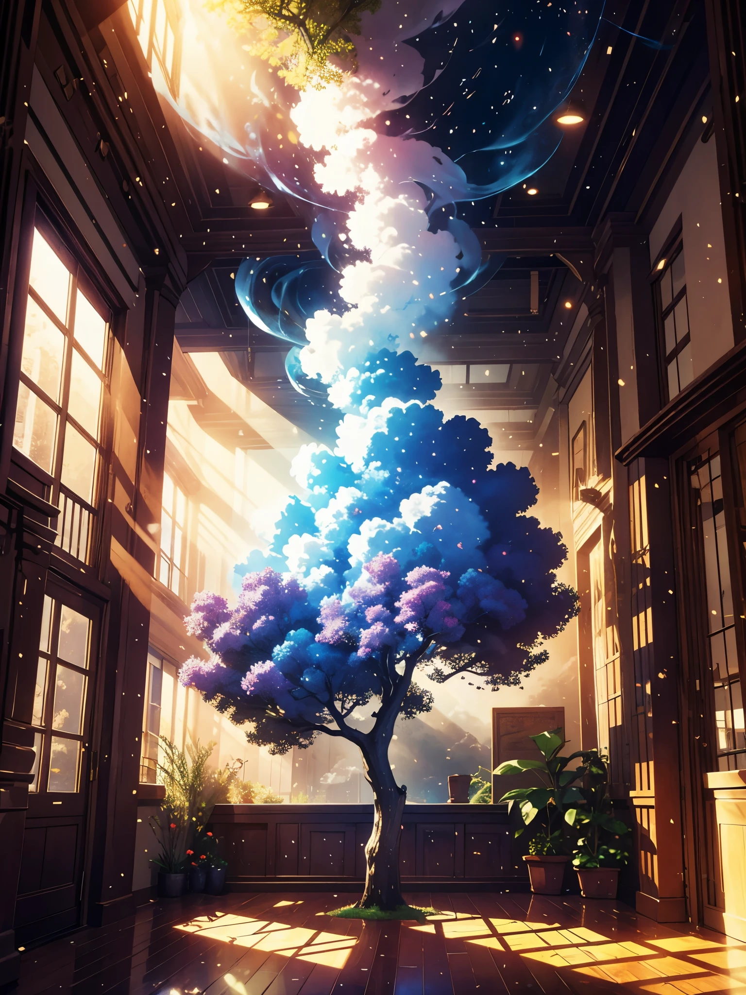 dreamlikeart tree live, colored smoke, detalhes insanos, detalhes steampunk, detalhes intrincados, hiperdetalhado,