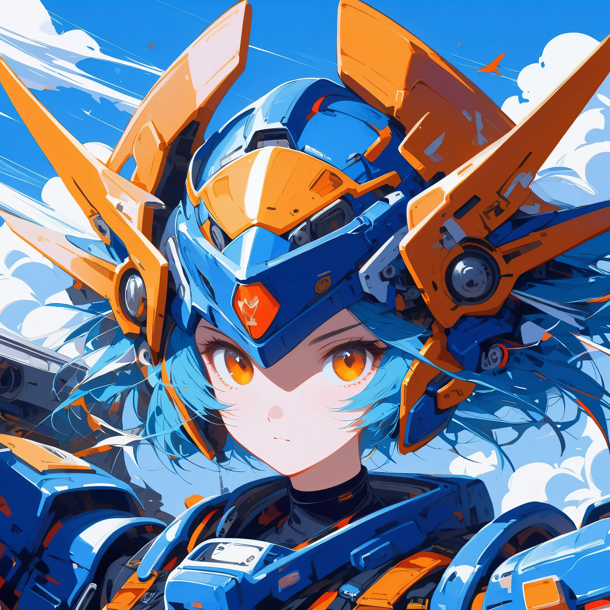 ((Celluloïd)),mecha musume,a woman in a futuristic outfit is floating in the air avec un sword in her hand avec un sky and clouds and blue background with white clouds and blue and orange lines and white,avec un,Joseph Stella,mecha,portrait,rayonisme,