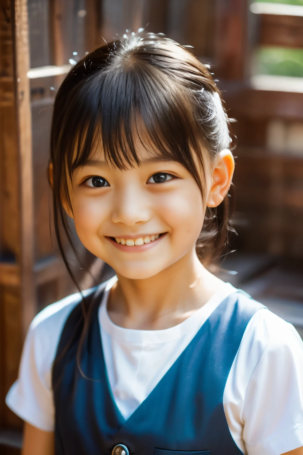 (de la máxima calidad, Obra maestra), (Preciosa niña japonesa de 7 años), (pecas:0.6), Luz tenue, cola de caballo