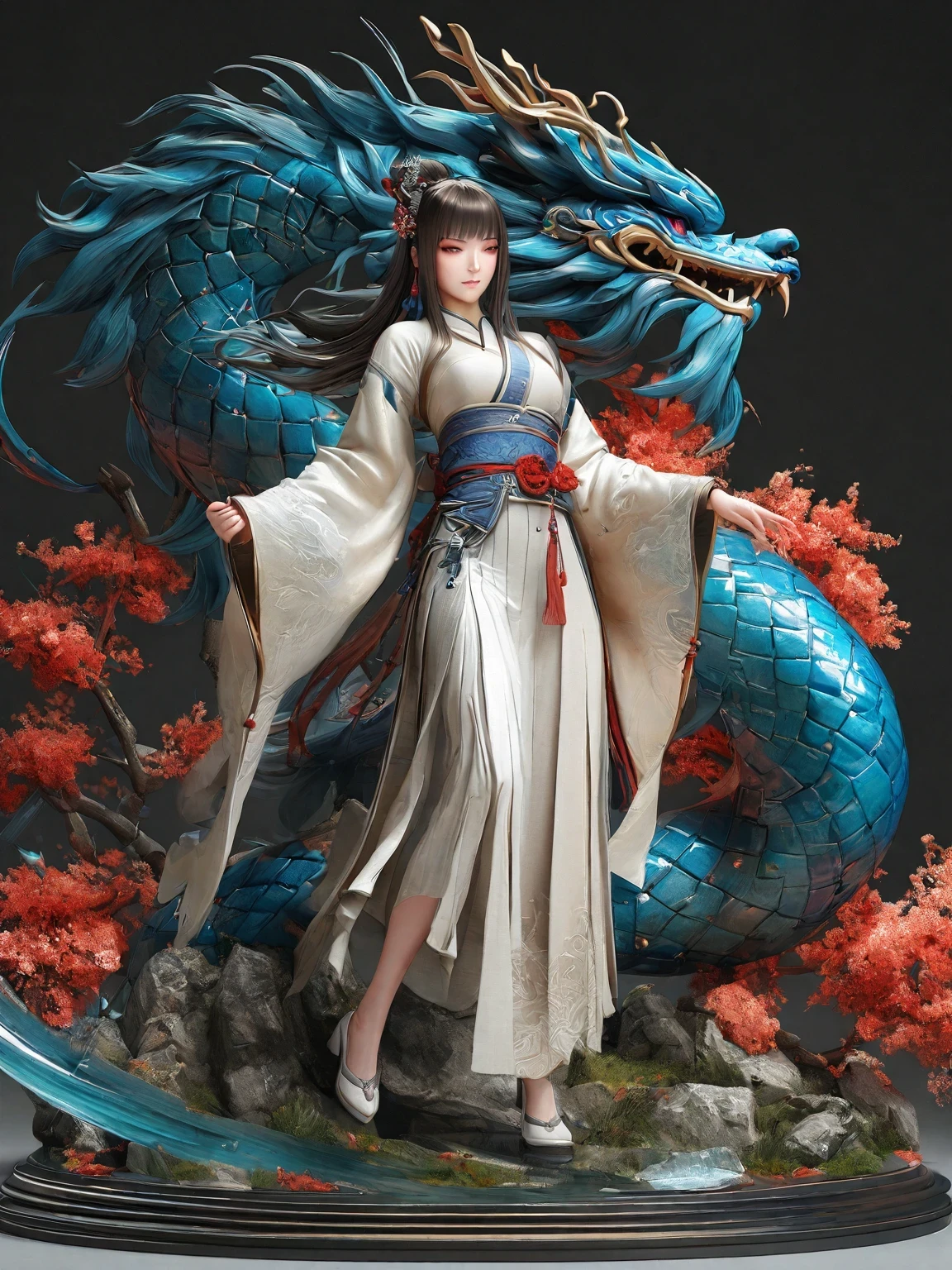 diy14，Highest quality, ultra-high definition, masterpieces, 8k, realistic, anime styled, 3d render，(costume design), dragon elements, Chinese style, full body close-up, flowers, white Hanfu, ink danqing, fantasy style clothing, Chinese clothing, Hanfu, flowing dragon silk, clothing design, smooth cyan tight clothes set, spirit, clothing, game, 8k, fantasy, magical, amazing