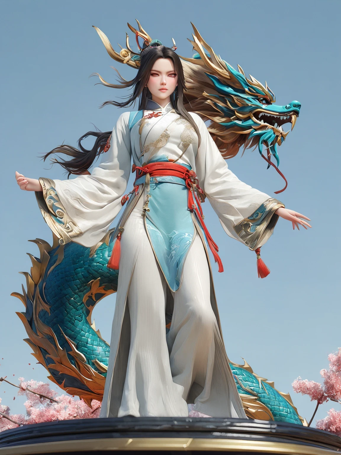 diy14，Highest quality, ultra-high definition, masterpieces, 8k, realistic, anime styled, 3d render，(costume design), dragon elements, Chinese style, full body close-up, flowers, white Hanfu, ink danqing, fantasy style clothing, Chinese clothing, Hanfu, flowing dragon silk, clothing design, smooth cyan tight clothes set, spirit, clothing, game, 8k, fantasy, magical, amazing