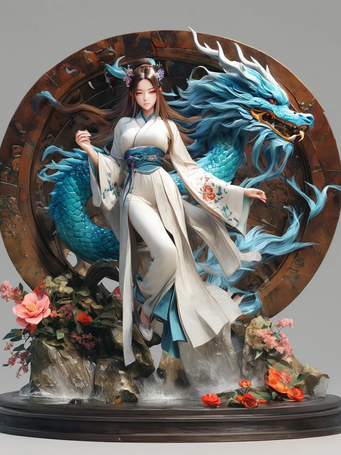 diy14，Highest quality, ultra-high definition, masterpieces, 8k, realistic, anime styled, 3d render，(costume design), dragon elements, Chinese style, full body close-up, flowers, white Hanfu, ink danqing, fantasy style clothing, Chinese clothing, Hanfu, flowing dragon silk, clothing design, smooth cyan tight clothes set, spirit, clothing, game, 8k, fantasy, magical, amazing