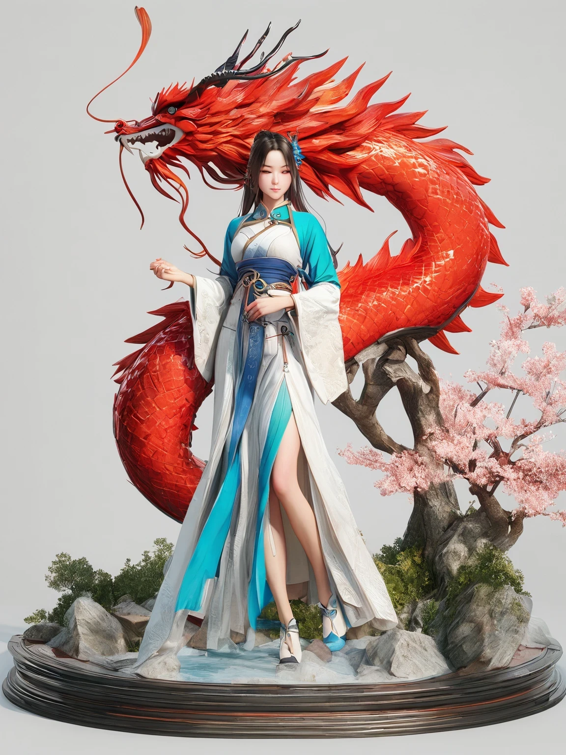 diy14，Highest quality, ultra-high definition, masterpieces, 8k, realistic, anime styled, 3d render，(costume design), dragon elements, Chinese style, full body close-up, flowers, white Hanfu, ink danqing, fantasy style clothing, Chinese clothing, Hanfu, flowing dragon silk, clothing design, smooth cyan tight clothes set, spirit, clothing, game, 8k, fantasy, magical, amazing