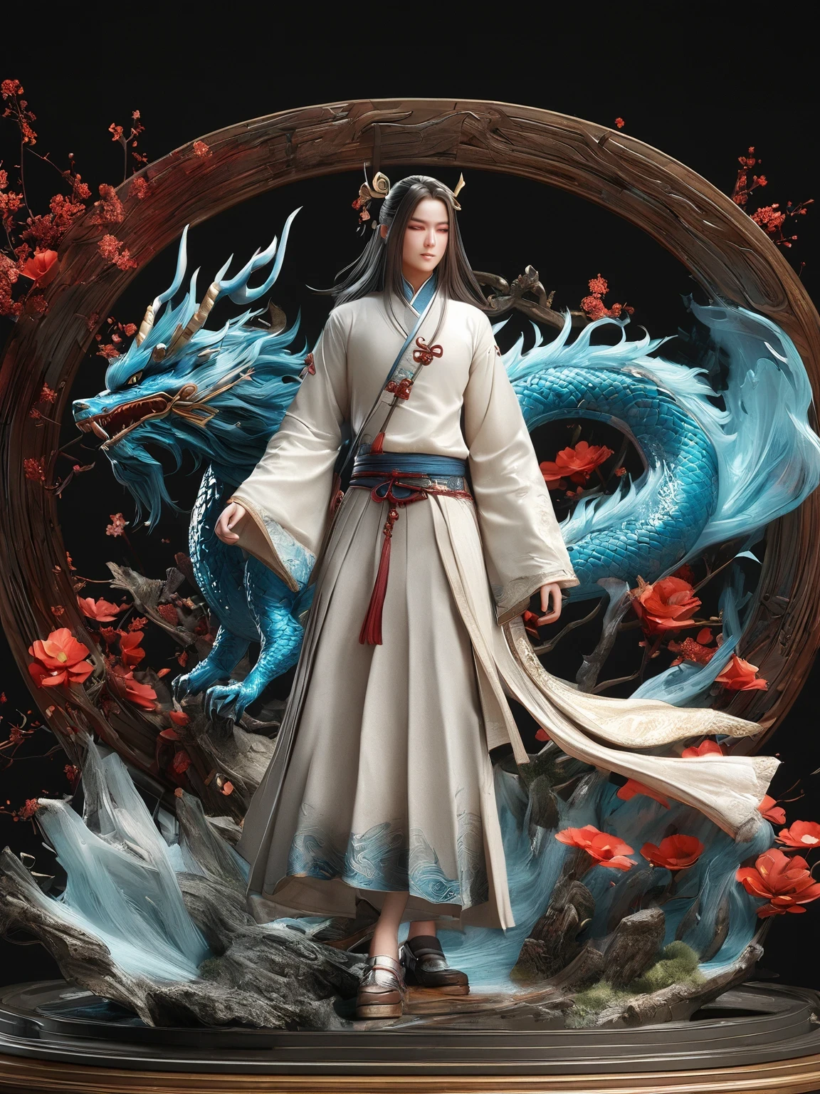 diy14，Highest quality, ultra-high definition, masterpieces, 8k, realistic, anime styled, 3d render，(costume design), dragon elements, Chinese style, full body close-up, flowers, white Hanfu, ink danqing, fantasy style clothing, Chinese clothing, Hanfu, flowing dragon silk, clothing design, smooth cyan tight clothes set, spirit, clothing, game, 8k, fantasy, magical, amazing