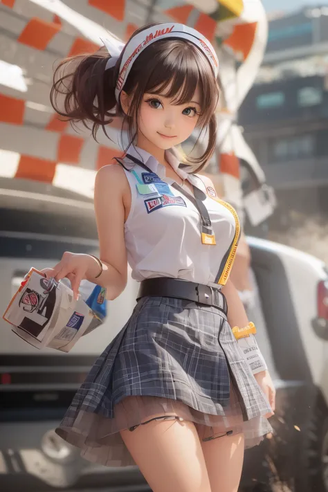 race queen, grid girl, skirt, sleeveless, master piece , best quality , detailed , bangs , woman , smile

