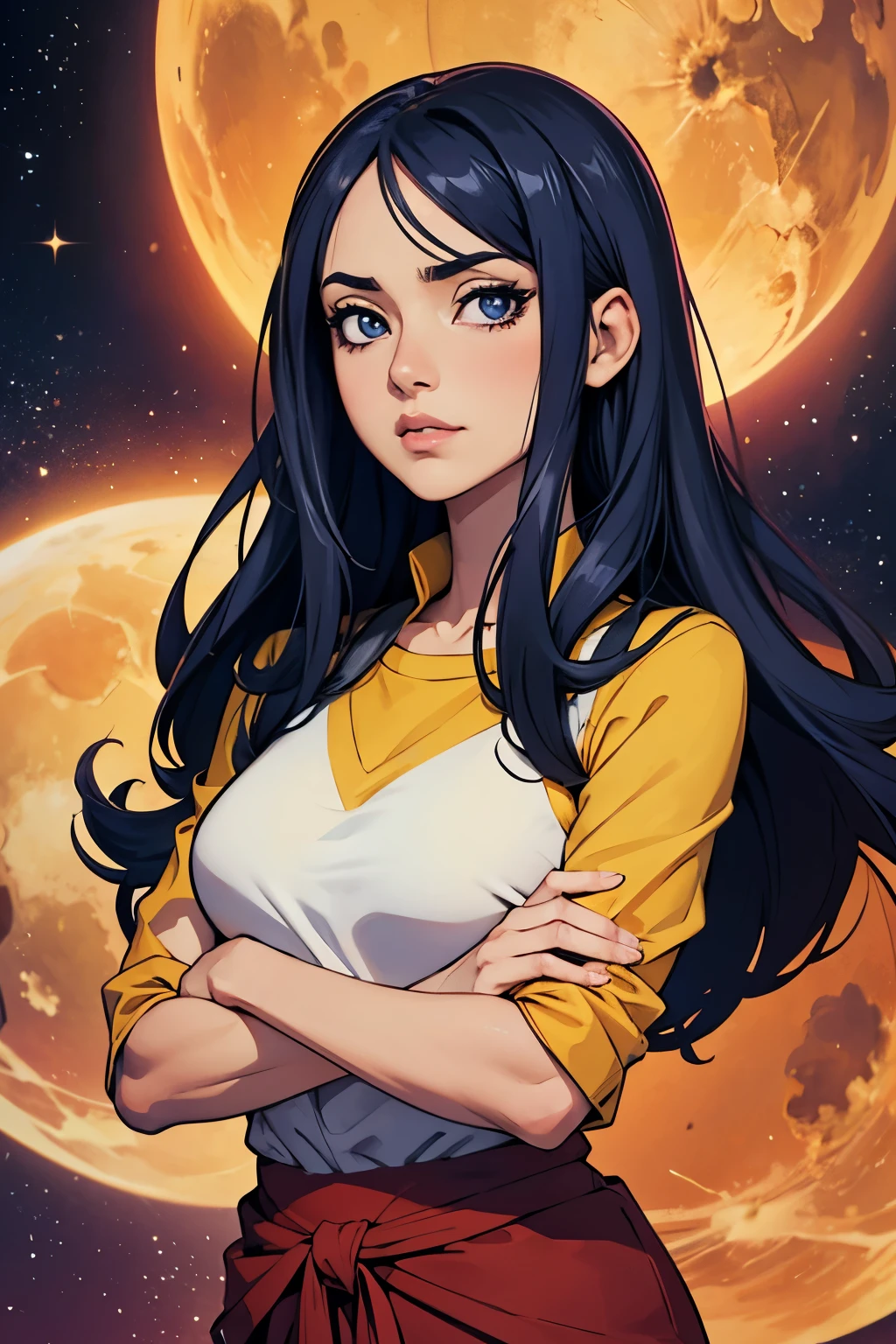 garota, Cabelo castanho, olhos laranja, crossed arms, no meio do cosmos, ((Estilo Anime)), camisa branca, cores suaves, fundo colorido, cosmic background, golpes suaves