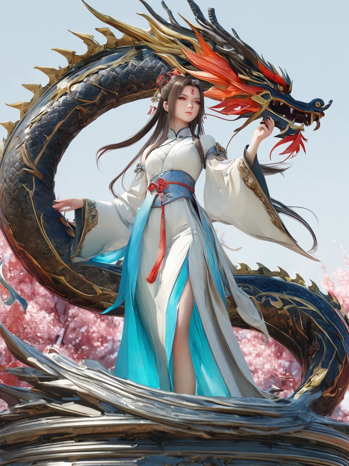 diy14，Highest quality, ultra-high definition, masterpieces, 8k, realistic, anime styled, 3d render，(costume design), dragon elements, Chinese style, full body close-up, flowers, white Hanfu, ink danqing, fantasy style clothing, Chinese clothing, Hanfu, flowing dragon silk, clothing design, smooth cyan tight clothes set, spirit, clothing, game, 8k, fantasy, magical, amazing