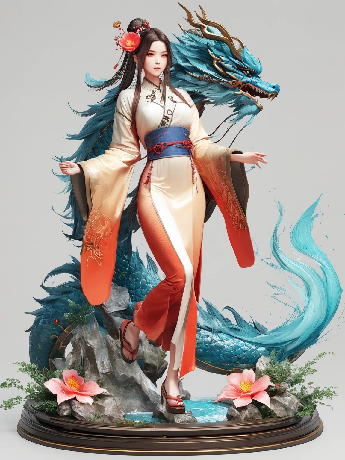 diy14，Highest quality, ultra-high definition, masterpieces, 8k, realistic, anime styled, 3d render，(costume design), dragon elements, Chinese style, full body close-up, flowers, white Hanfu, ink danqing, fantasy style clothing, Chinese clothing, Hanfu, flowing dragon silk, clothing design, smooth cyan tight clothes set, spirit, clothing, game, 8k, fantasy, magical, amazing