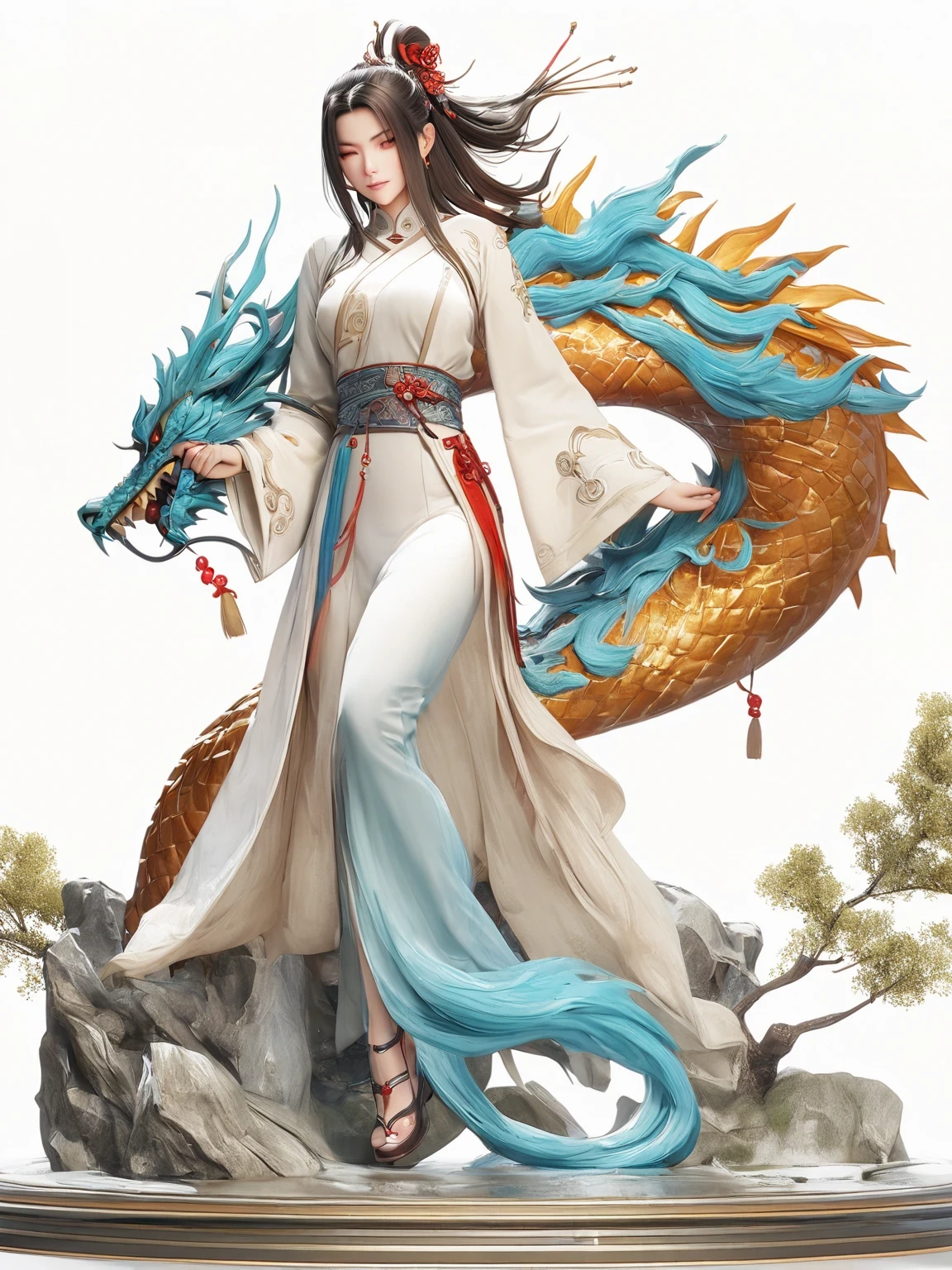 diy14，Highest quality, ultra-high definition, masterpieces, 8k, realistic, anime styled, 3d render，(costume design), dragon elements, Chinese style, full body close-up, flowers, white Hanfu, ink danqing, fantasy style clothing, Chinese clothing, Hanfu, flowing dragon silk, clothing design, smooth cyan tight clothes set, spirit, clothing, game, 8k, fantasy, magical, amazing