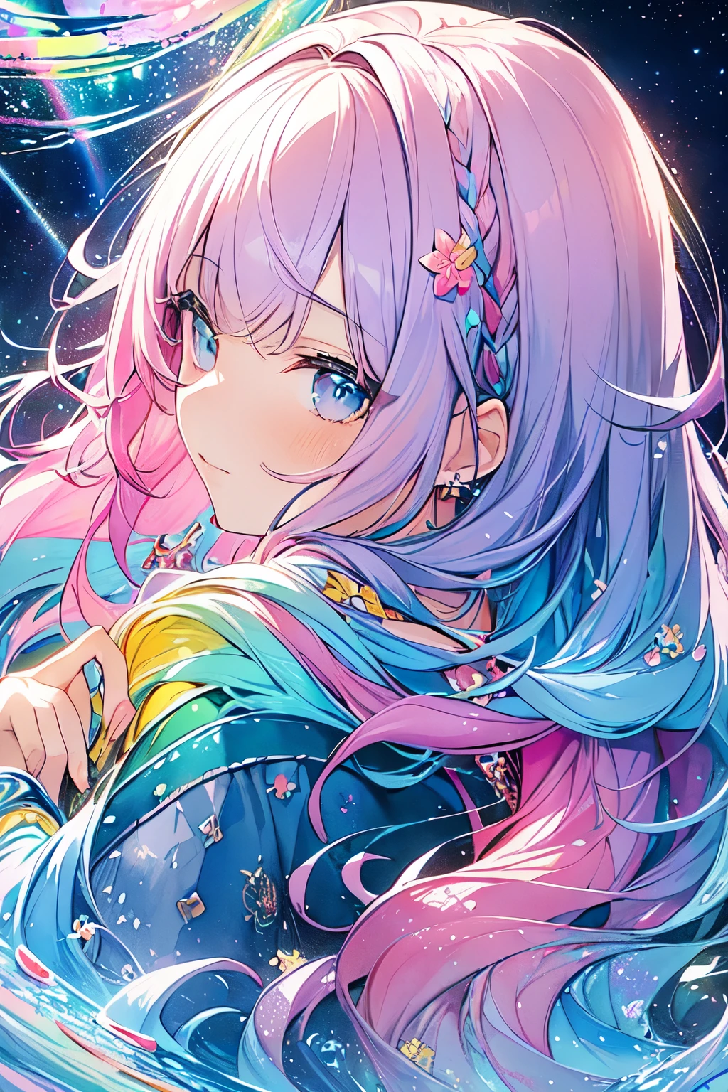 (masterpiece, highest quality, highest quality,watercolor (Moderate),official art, beautiful and aesthetic:1.2),(1 girl:1.3), (fractal art:1.3),Upper body, From the side, looking at the viewer,pattern,(rainbow colored hair,colorful hair,Half blue、half pink hair:1.2),water,liquid, cloud,colorful, starry sky,performer,
