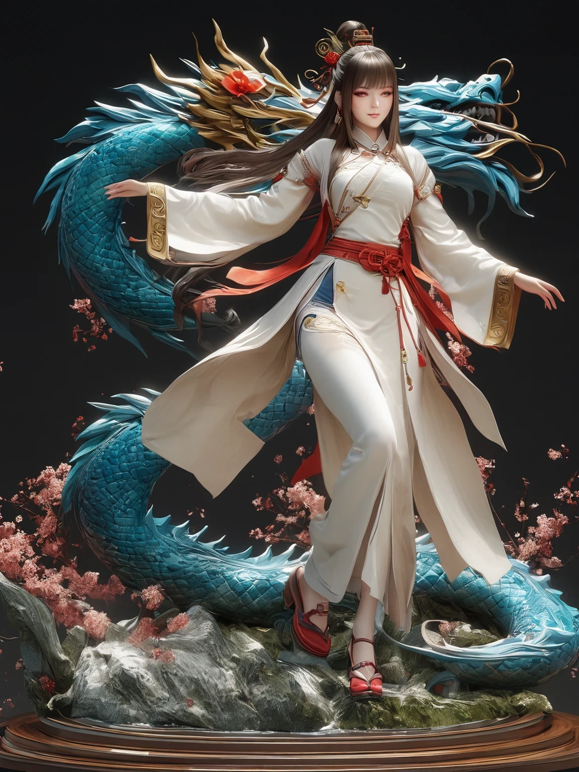 diy14，Highest quality, ultra-high definition, masterpieces, 8k, realistic, anime styled, 3d render，(costume design), dragon elements, Chinese style, full body close-up, flowers, white Hanfu, ink danqing, fantasy style clothing, Chinese clothing, Hanfu, flowing dragon silk, clothing design, smooth cyan tight clothes set, spirit, clothing, game, 8k, fantasy, magical, amazing