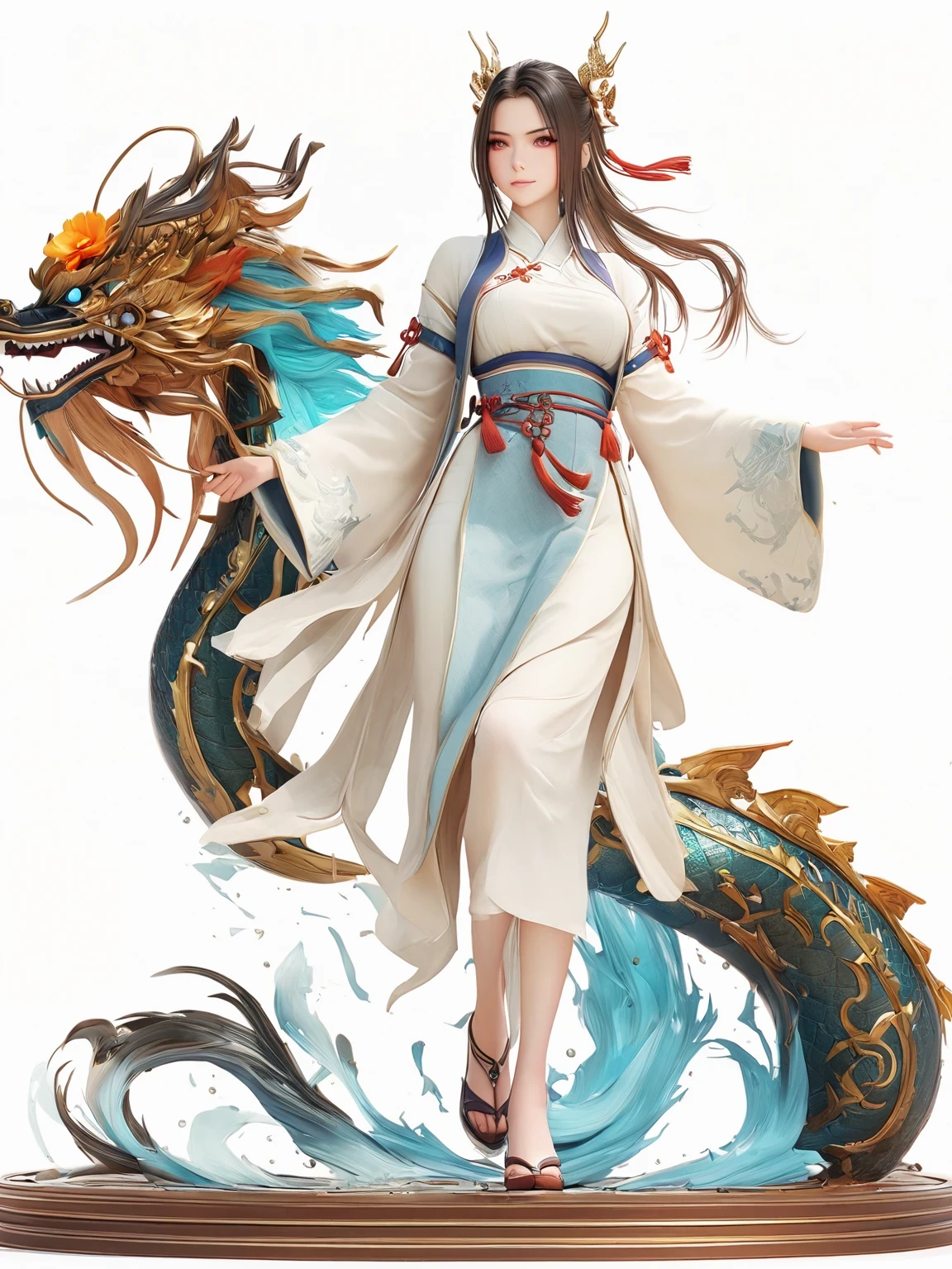 diy14，Highest quality, ultra-high definition, masterpieces, 8k, realistic, anime styled, 3d render，(costume design), dragon elements, Chinese style, full body close-up, flowers, white Hanfu, ink danqing, fantasy style clothing, Chinese clothing, Hanfu, flowing dragon silk, clothing design, smooth cyan tight clothes set, spirit, clothing, game, 8k, fantasy, magical, amazing